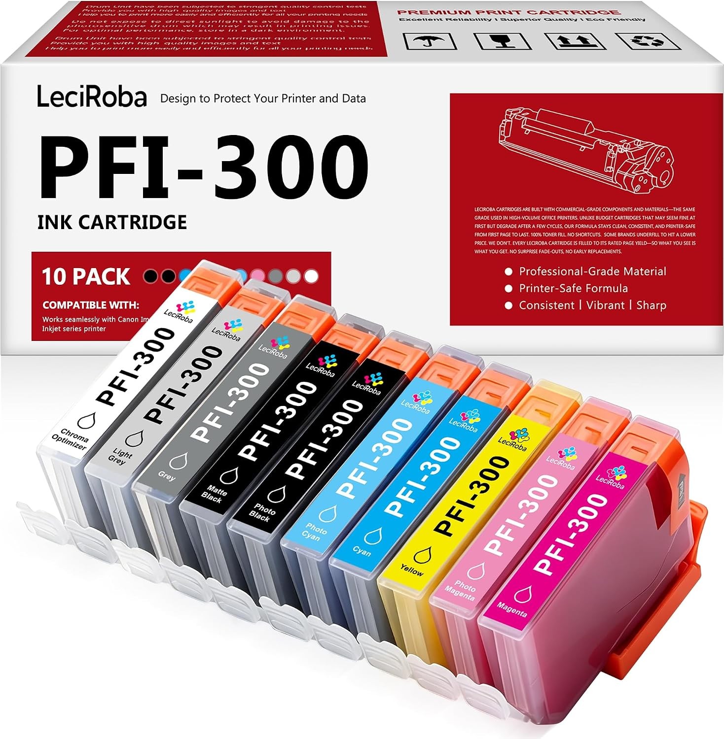 Compatible w/ Canon PFI-300 10 Color Ink Cartridge Set ImagePROGRAF PRO-300