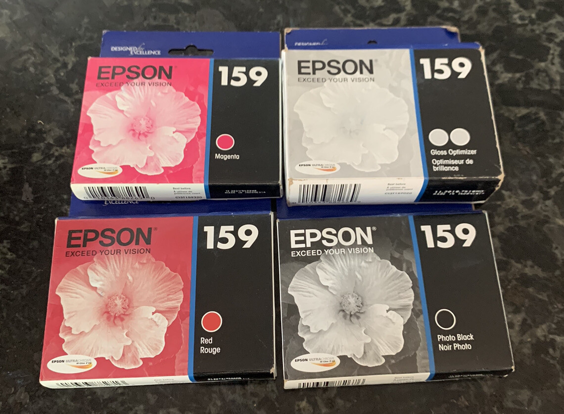 Lot of 4 Epson 159 Boxed Ink Cartridges New In Box Magenta, Red, Black, Gloss