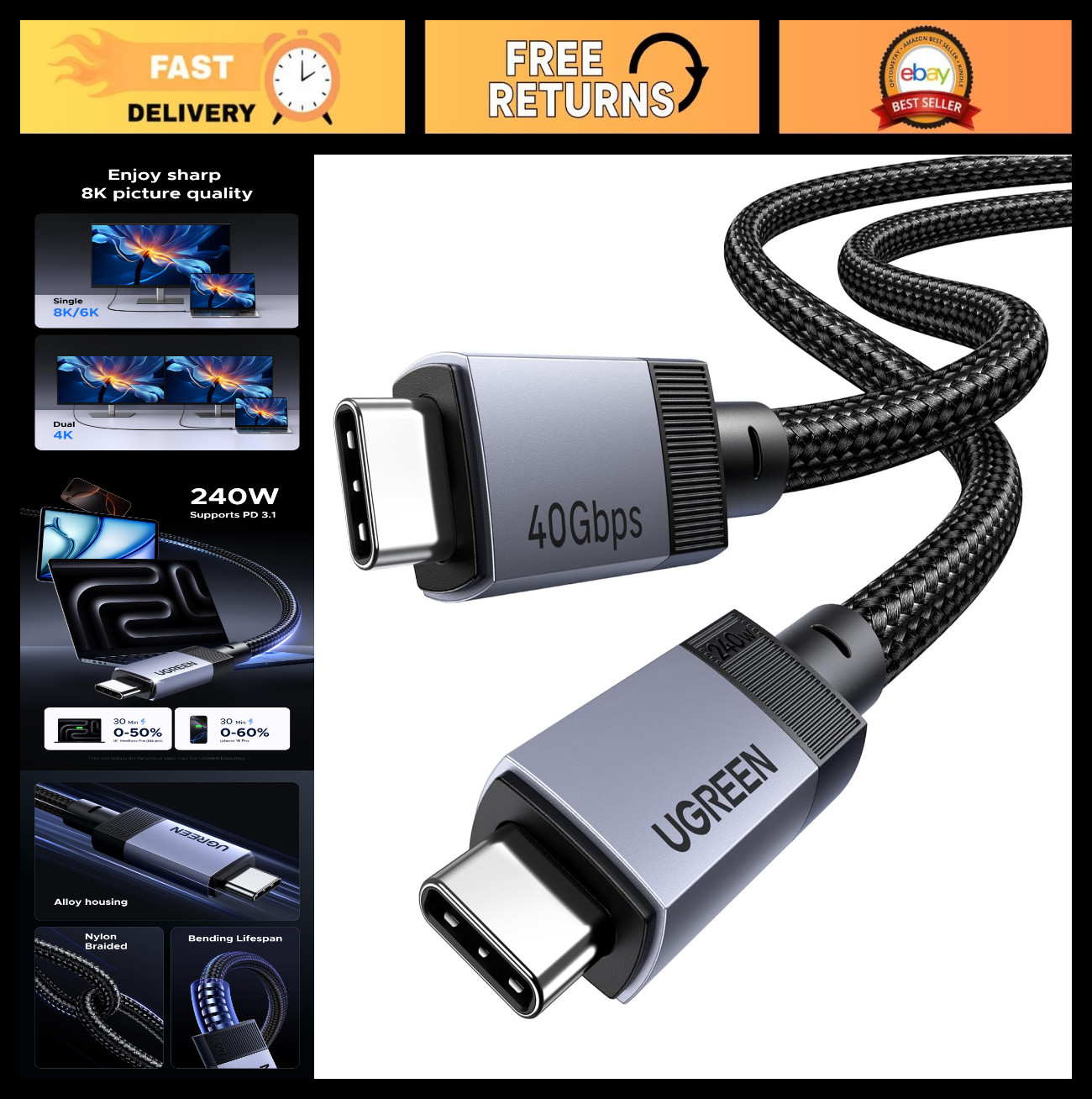 240W USB C Cable 40Gbps USB4.0 GEN3 8K 60Hz PD 3.1 for Thunderbolt, MacBook, iPh