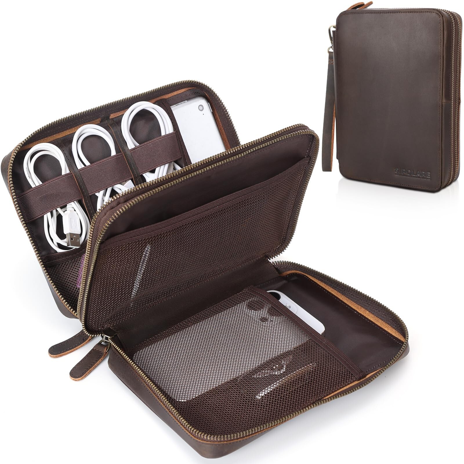 Polare Full Grain Leather Travel Cable Organizer Case Double Layer Electronic...
