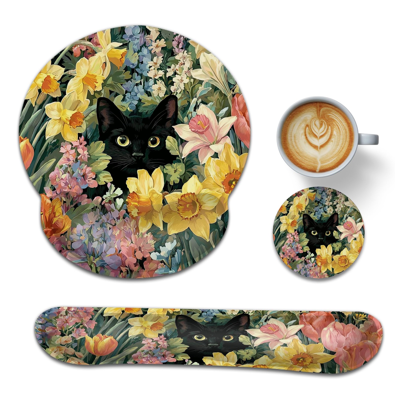 Cute Black Cat Ergonomic Keyboard and Mouse Wrist Rest Set, Flowers Mouse Pad...
