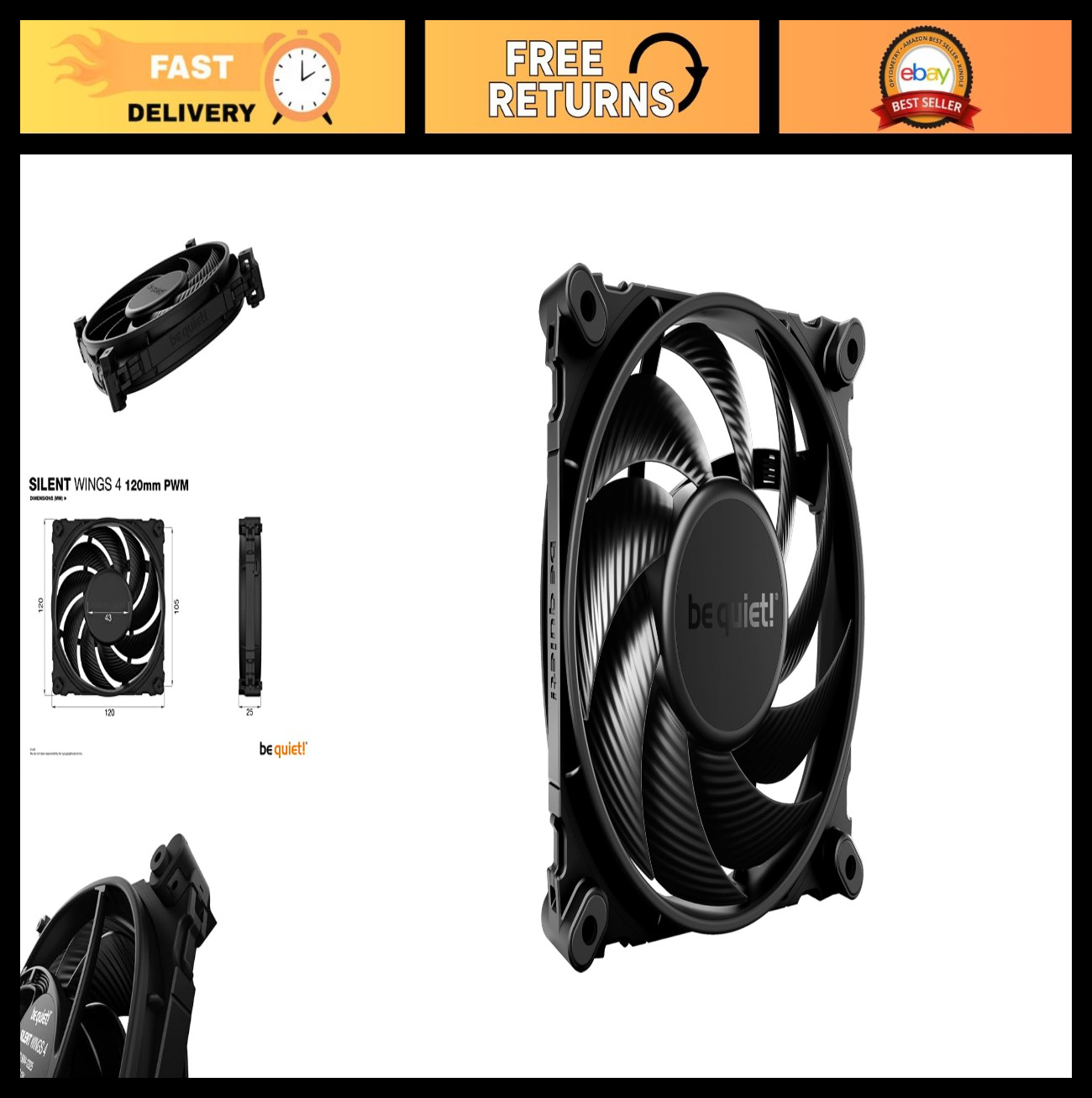120mm PWM Cooling Fan - Silent Low Noise 1600 RPM, 4-Pin, Premium Performance
