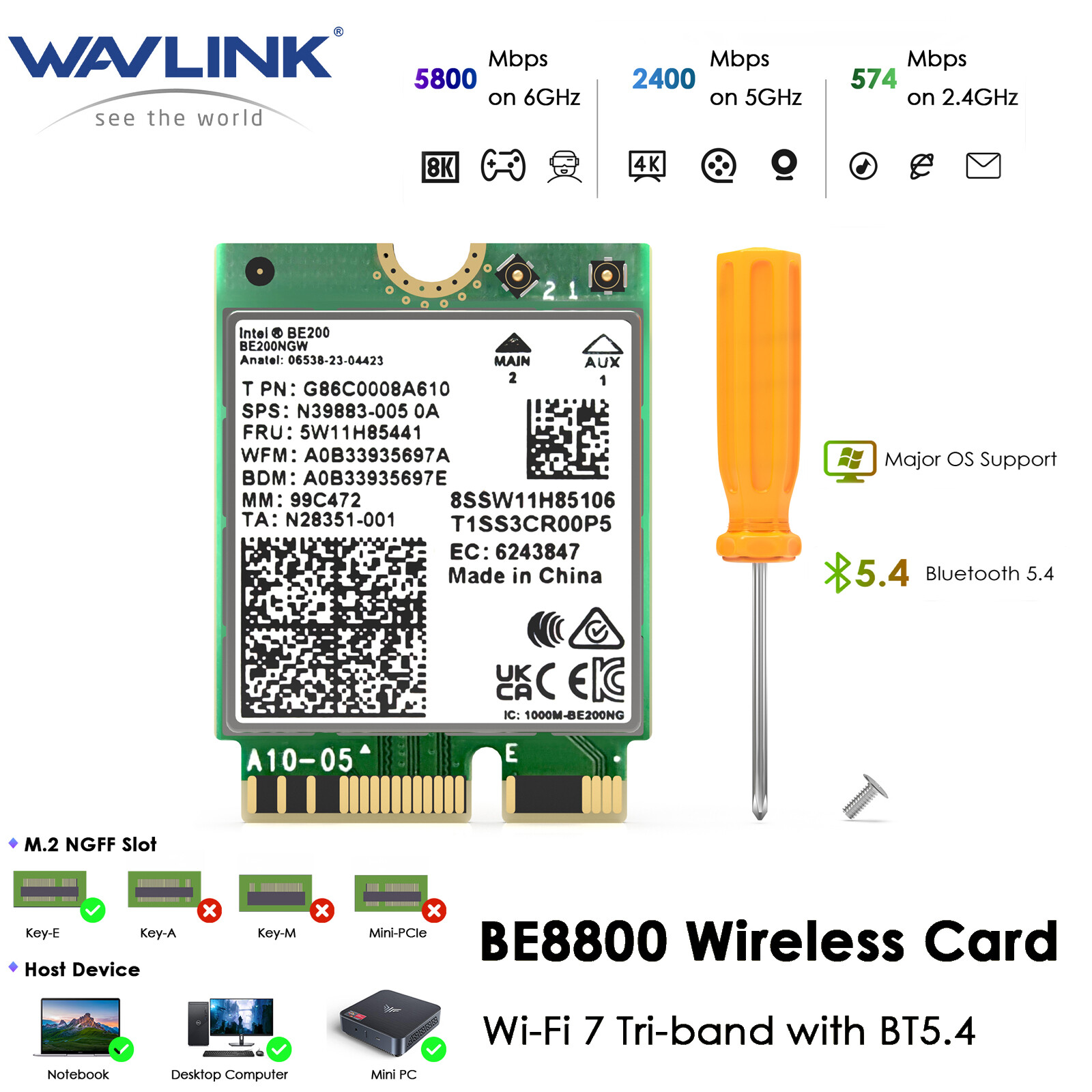 WAVLINK WiFi 7 BE8800 Tri-Band Card 8774Mbps BT 5.4 M.2 E-Key Win 10/11