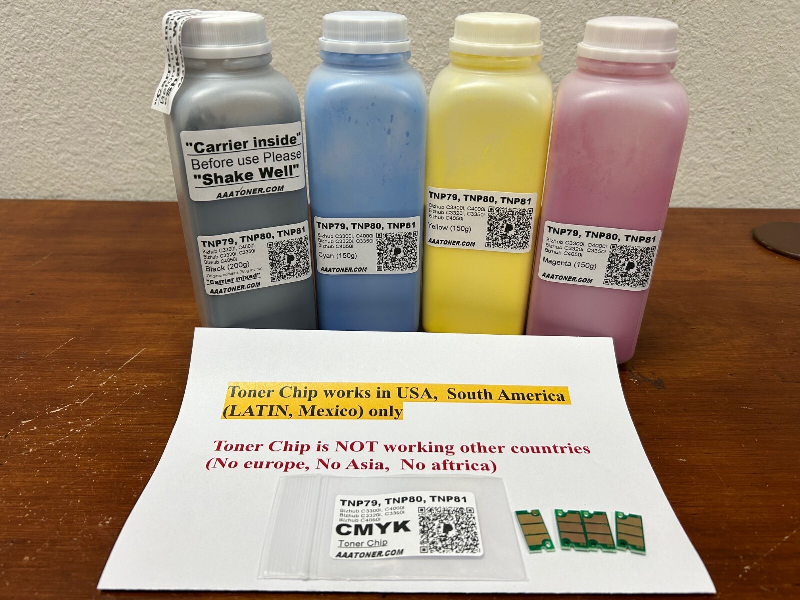 4 Toner Refill for Konica Minolta Bizhub (TNP79, TNP80, TNP81) + 4 Chips