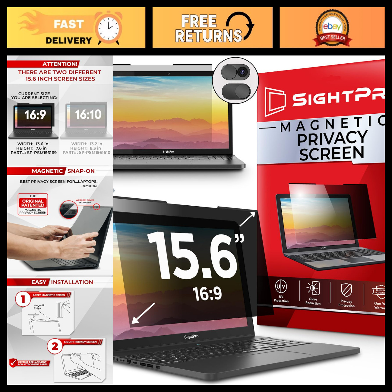 15.6" Magnetic Laptop Privacy Screen Filter - Removable Shield & Protector 16:9