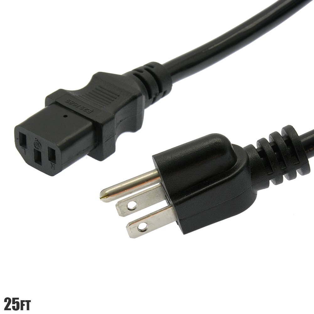25FT 16AWG 3 Conductor NEMA 5-15P to IEC320 C13 PC Monitor AC Power Cord Cable