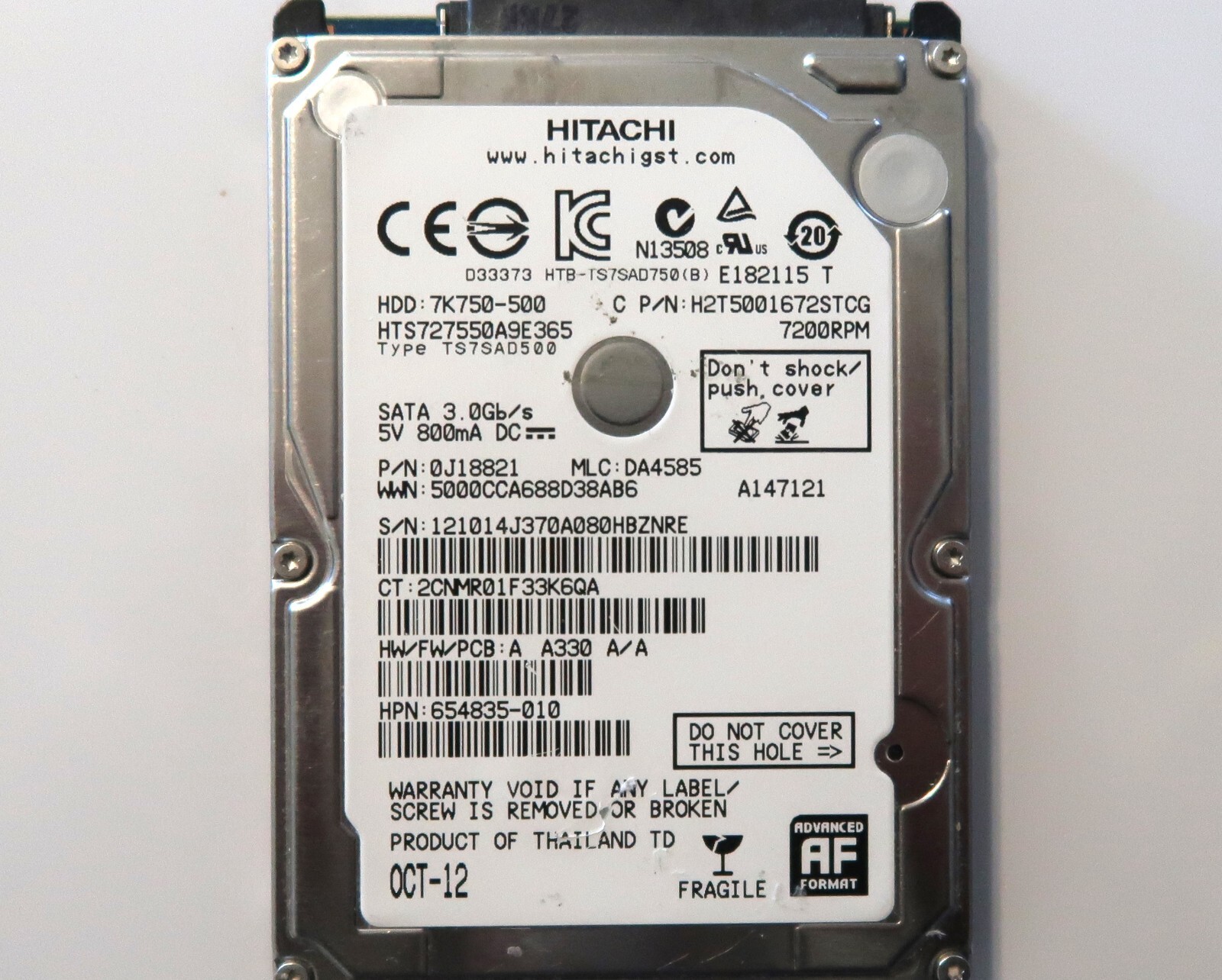 Hitachi HTS727550A9E365 0J18821 DA4585 Thailand 500gb Sata 2.5" HDD 0CT-12