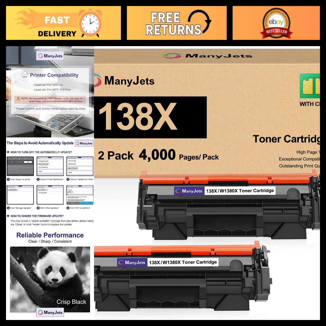 2 Pack Compatible Black Toner Cartridges with Chip, 138X W1380X, High Yield