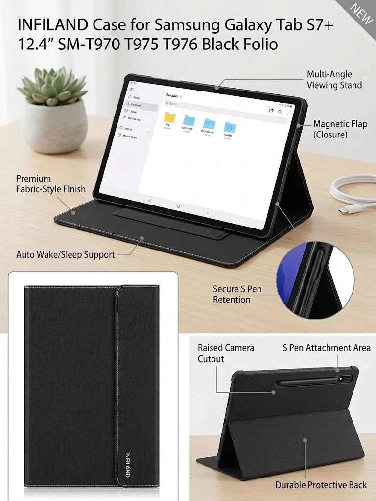 INFILAND Case Samsung Galaxy Tab S8+ S7+ 12.4" Folio Auto Wake Pen Slot Black