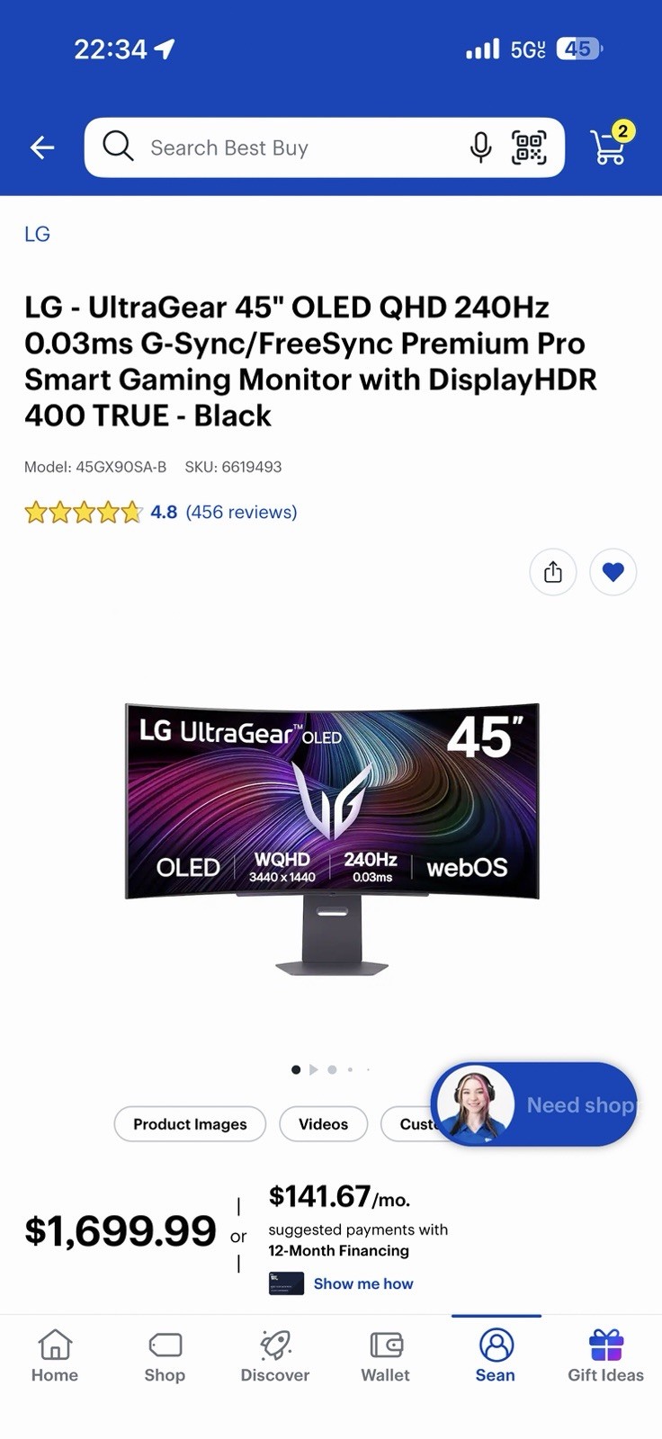 LG UltraGear 45in Curved OLED 3440x1440 240Hz 0.03ms G-SYNC 45GX90SA-B