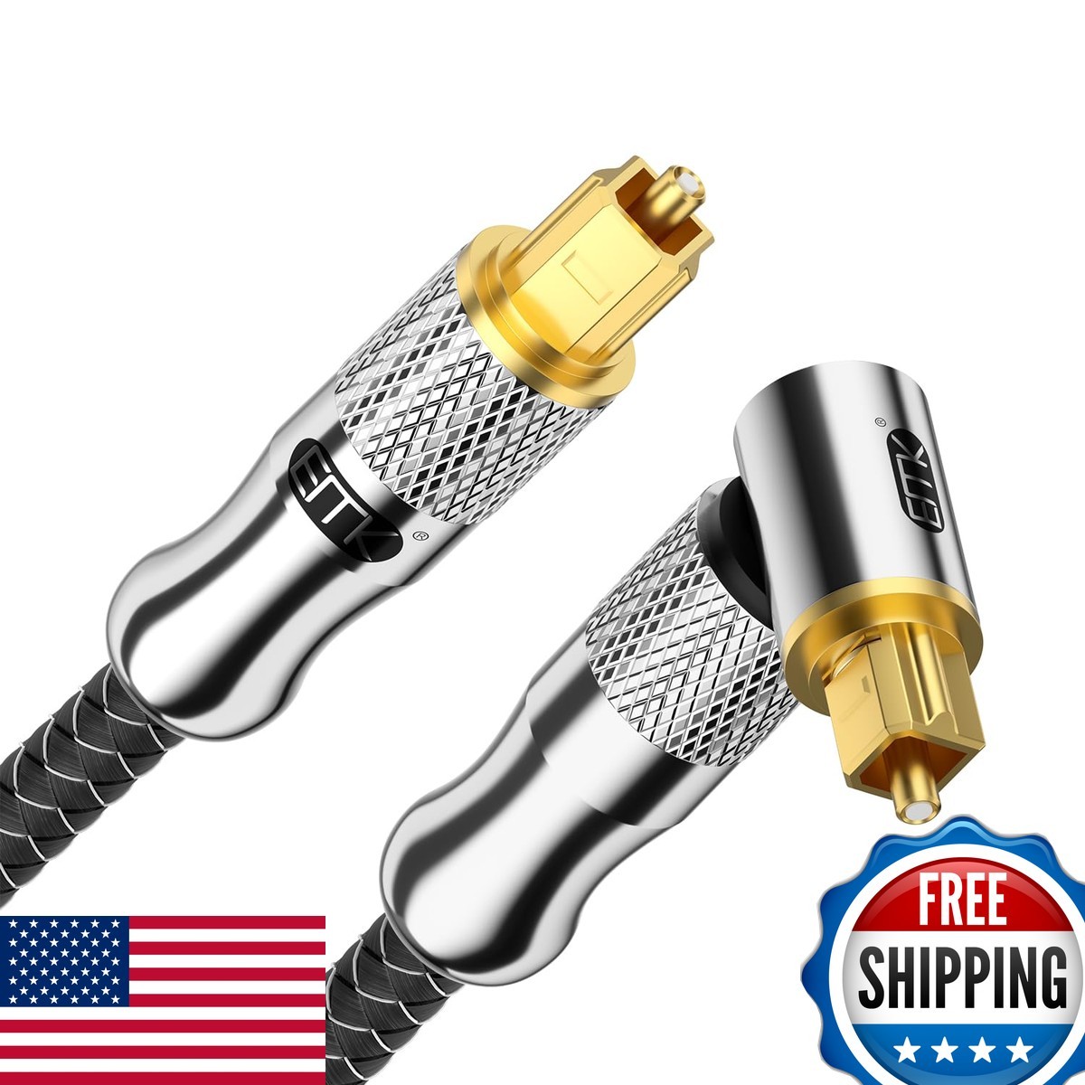 EMK 24K Gold-Plated Right Angle Optical Cable 90° Toslink to Toslink 3M 10Ft
