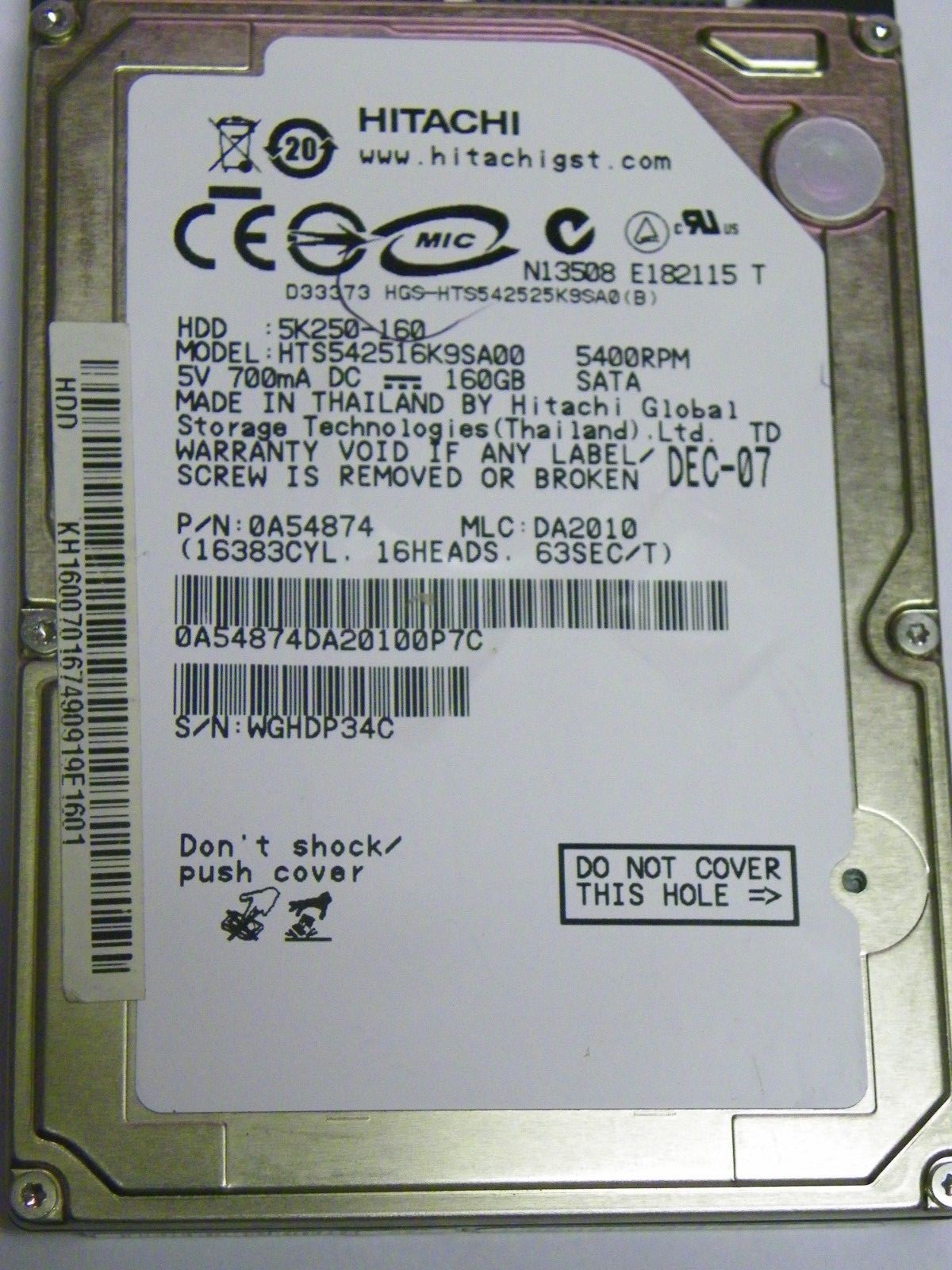 160GB 2.5" SATA Hard Drive Hitachi HTS542516K9SA00