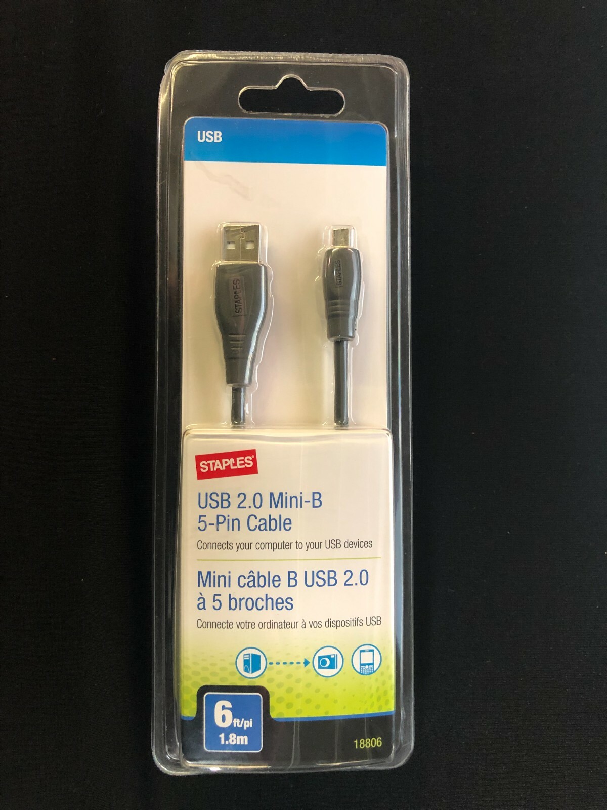 Staples USB 2.0 mini B 5 Pin cable 6 ft long NEW 