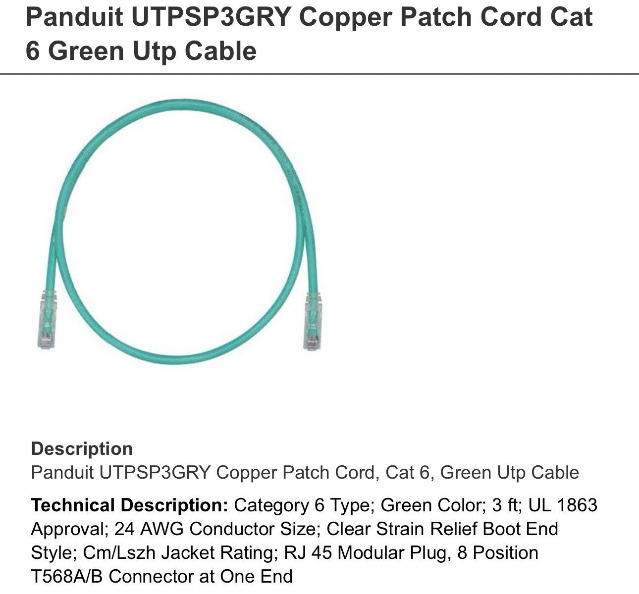PANDUIT UTPSP3GRY CAT6 Green 3’ Patch Cord 568B 24AWG