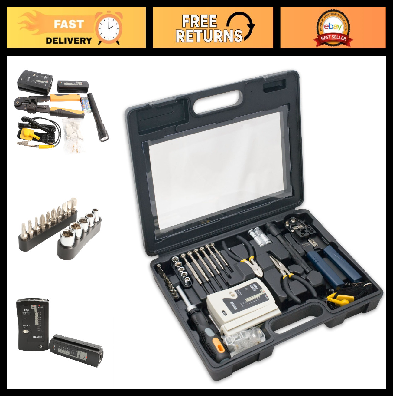 50-Piece Network Repair Tool Kit, Ethernet Tester, Coax Crimper, RJ-45/11/12, Ca