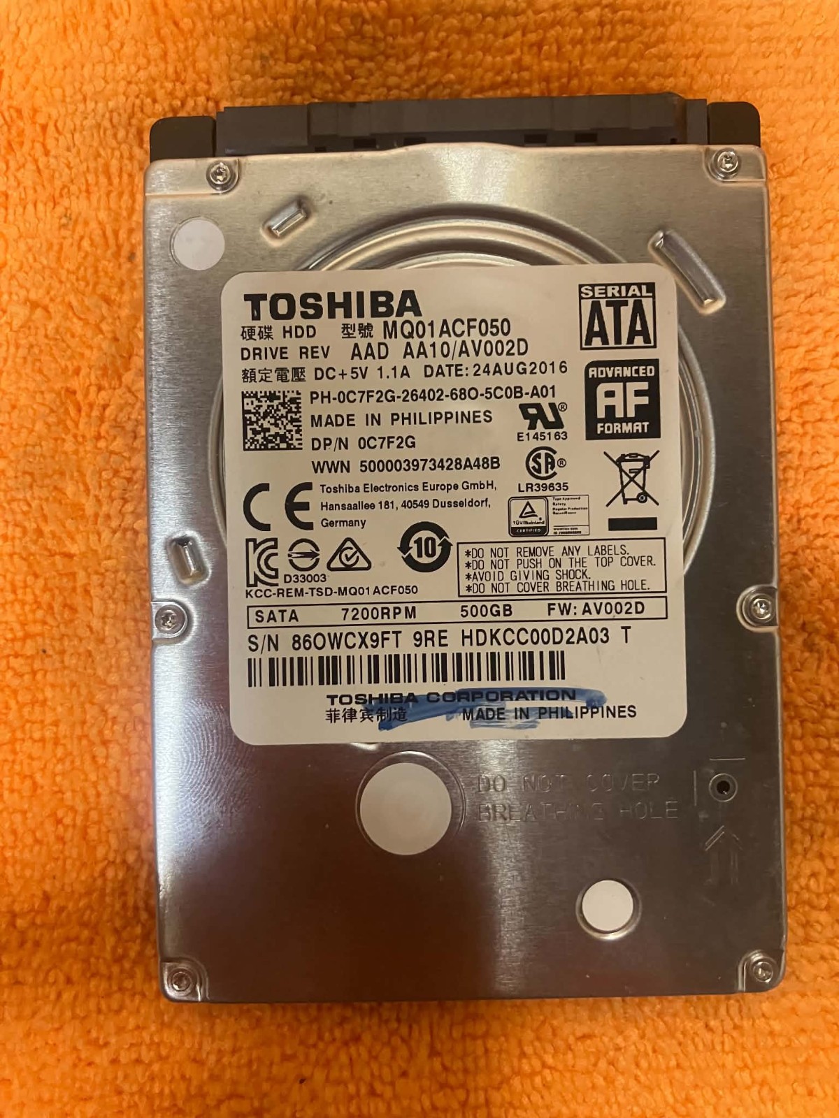 Toshiba 500GB 7200RPM 2.5" SATA III HDD MQ01ACF050 Tested Wiped 7mm