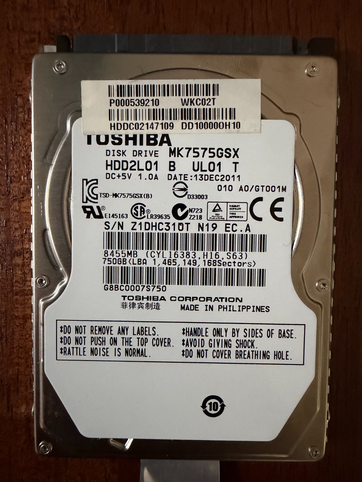 Toshiba MK7575GSX 750GB 2.5" SATA Laptop Hard Drive HDD Tested Good SMART