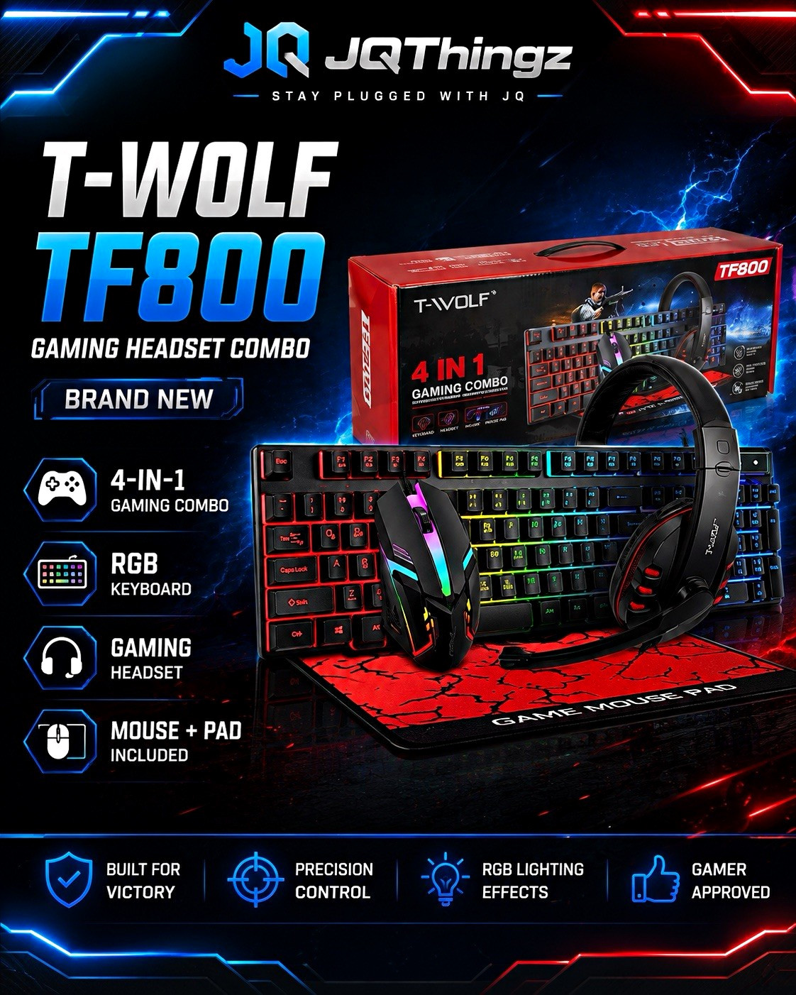 T-WOLF TF800 4-in-1 Wired RGB Gaming Combo Keyboard Mouse Headset Pad 1200DPI