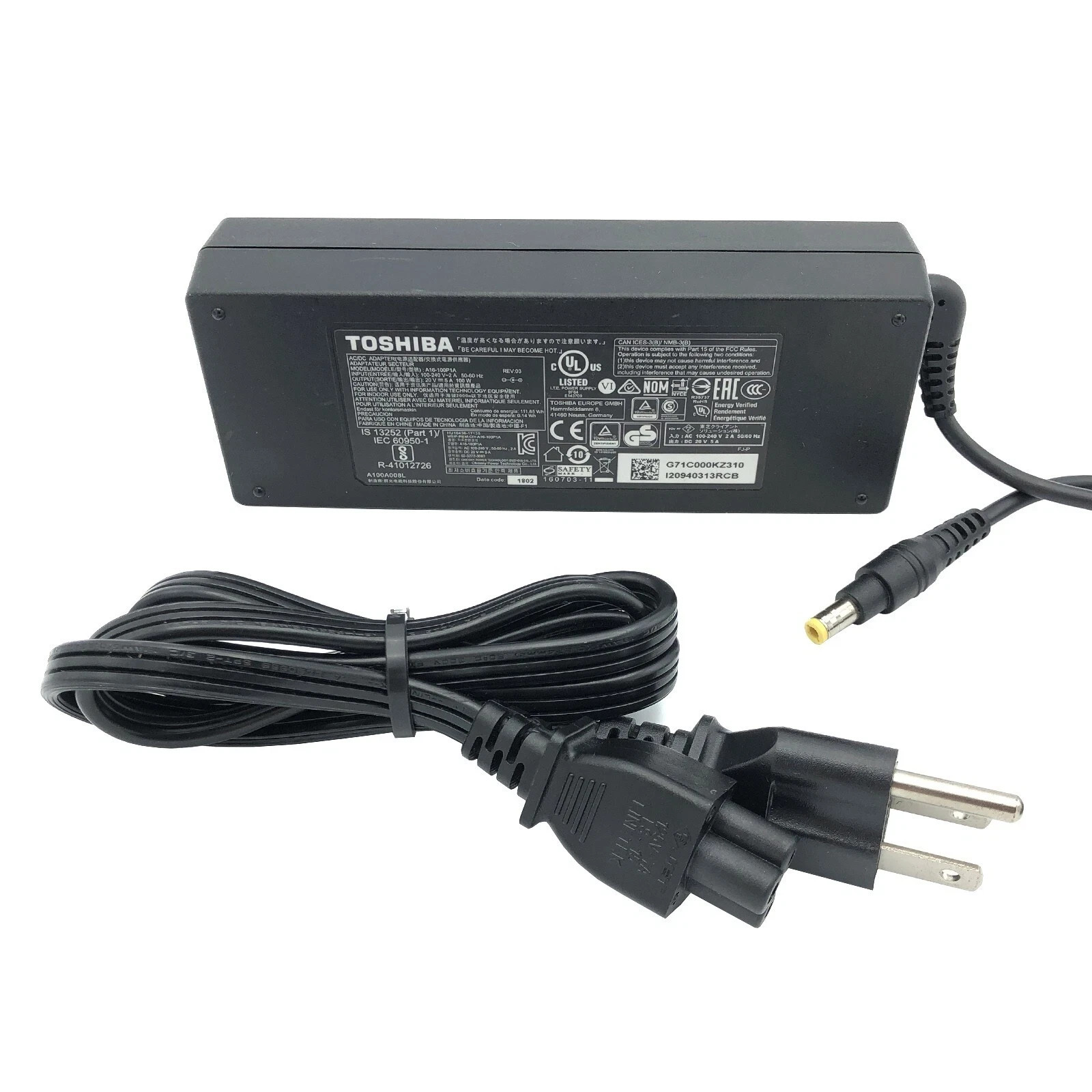 Genuine Tohsiba A16-100P1A AC Power Adapter 20V 5A 100W Yellow Tip 5.5 x 2.5mm