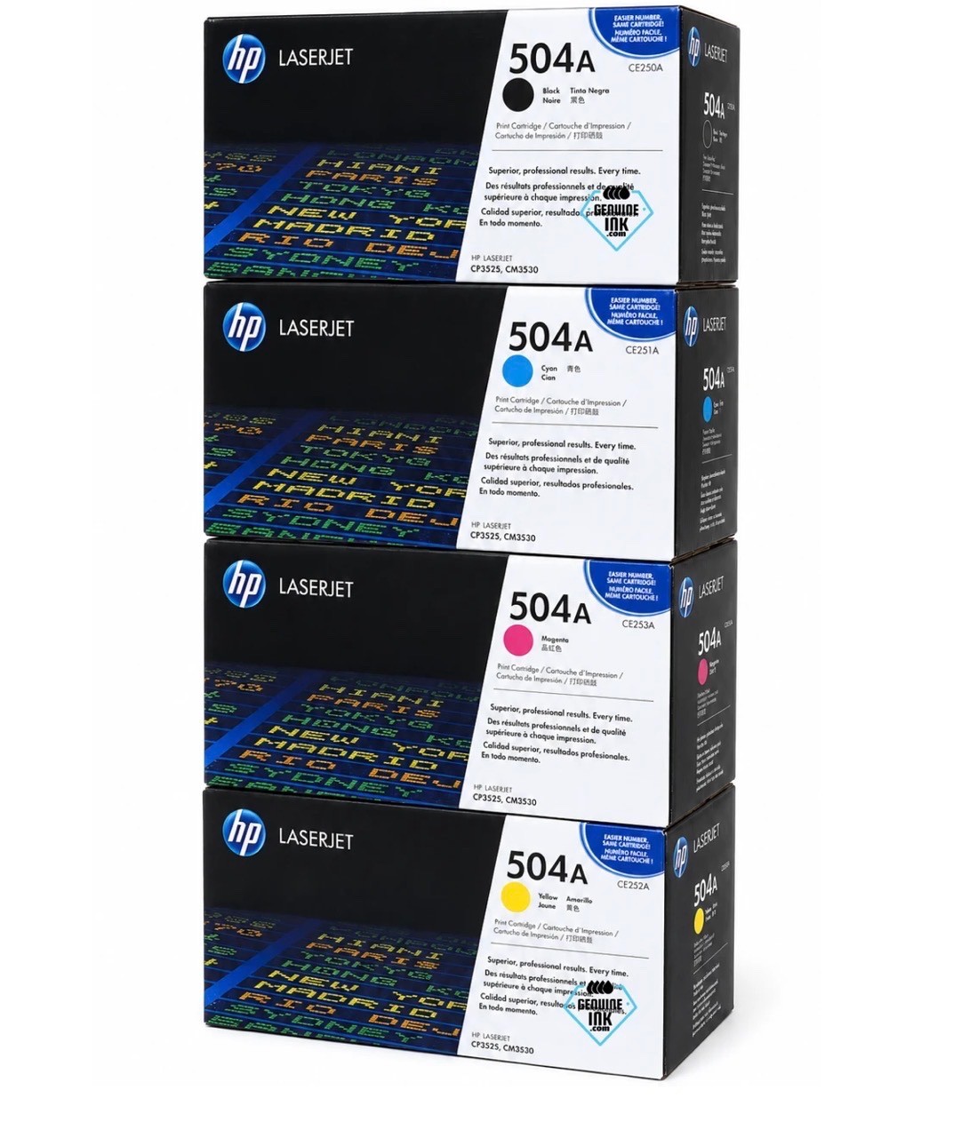 Genuine Set of 4 HP Laserjet 504A CE250A Series Toner Cartridges *New sealed Box