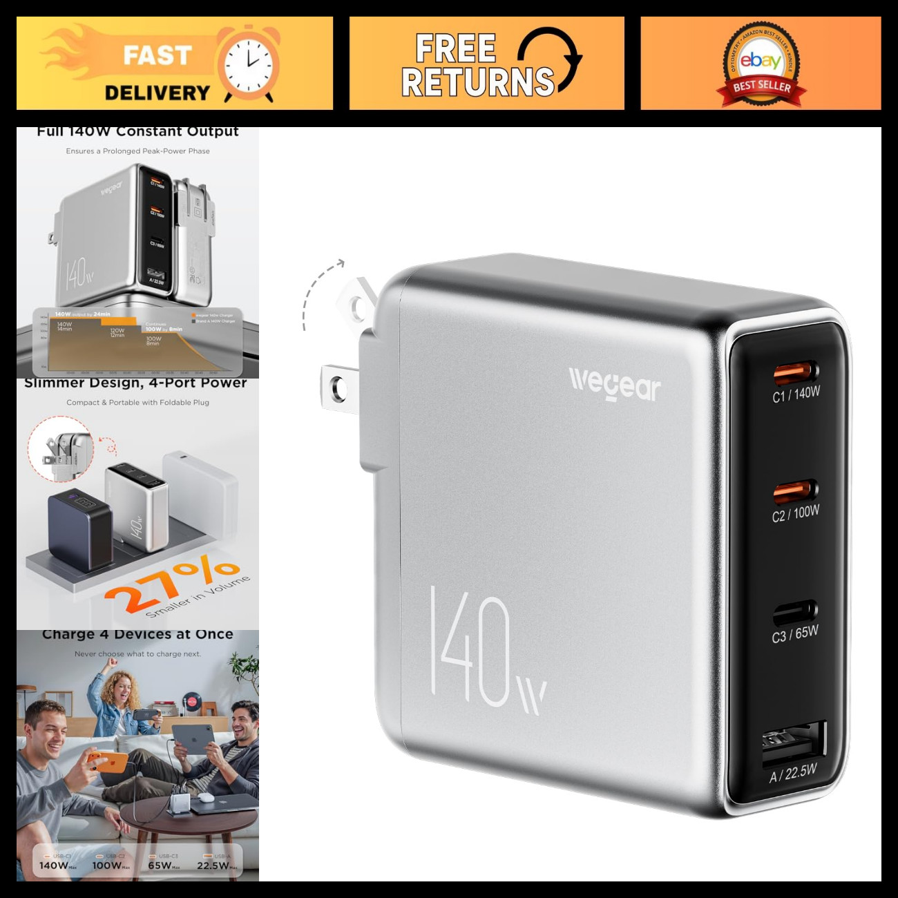 140W USB-C Laptop Charger, Slim 4-Port PD 3.1 GaN Power Adapter - Fast Charging