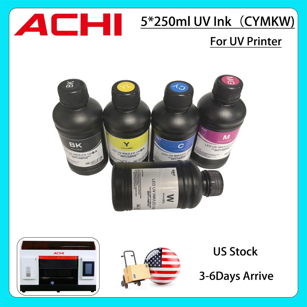 ACHI 250ML UV INK For Epson 1390/L800/L1800/XP600/TX800 UV Printer CMYKW US
