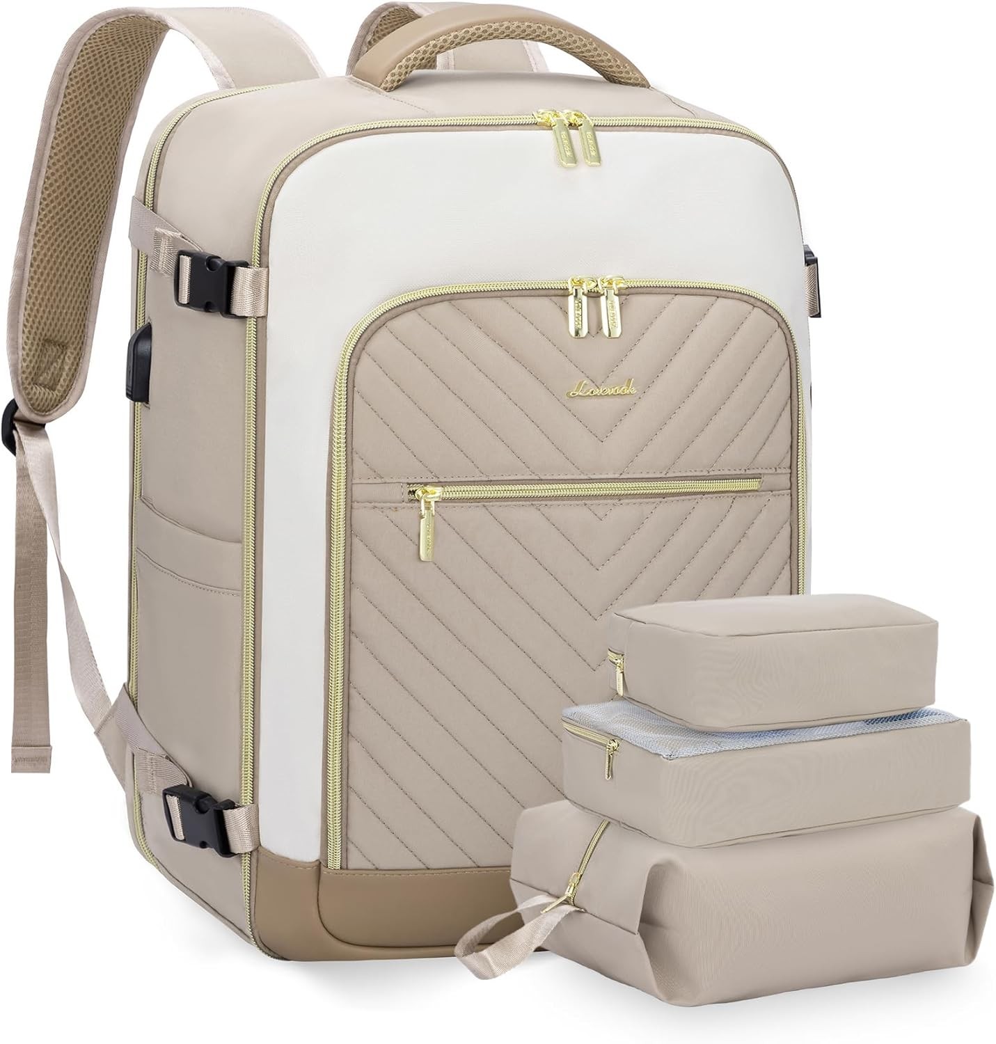 LOVEVOOK Large Travel Backpack for Women, 50L-4Pcs, Khaki - Beige - Abricot 