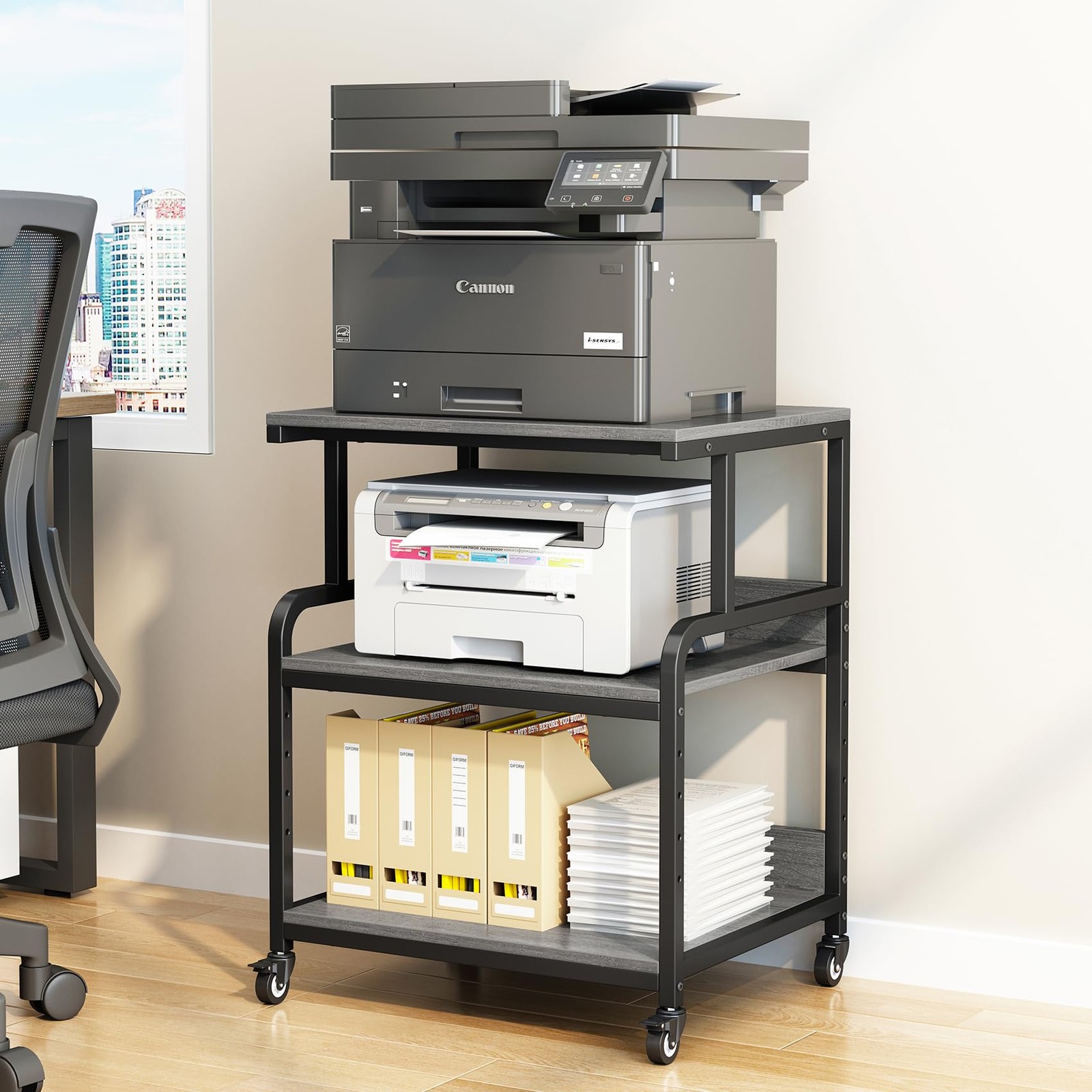 3 Tier Large Printer Stand with Storage Shelf, Rolling Printer Cart