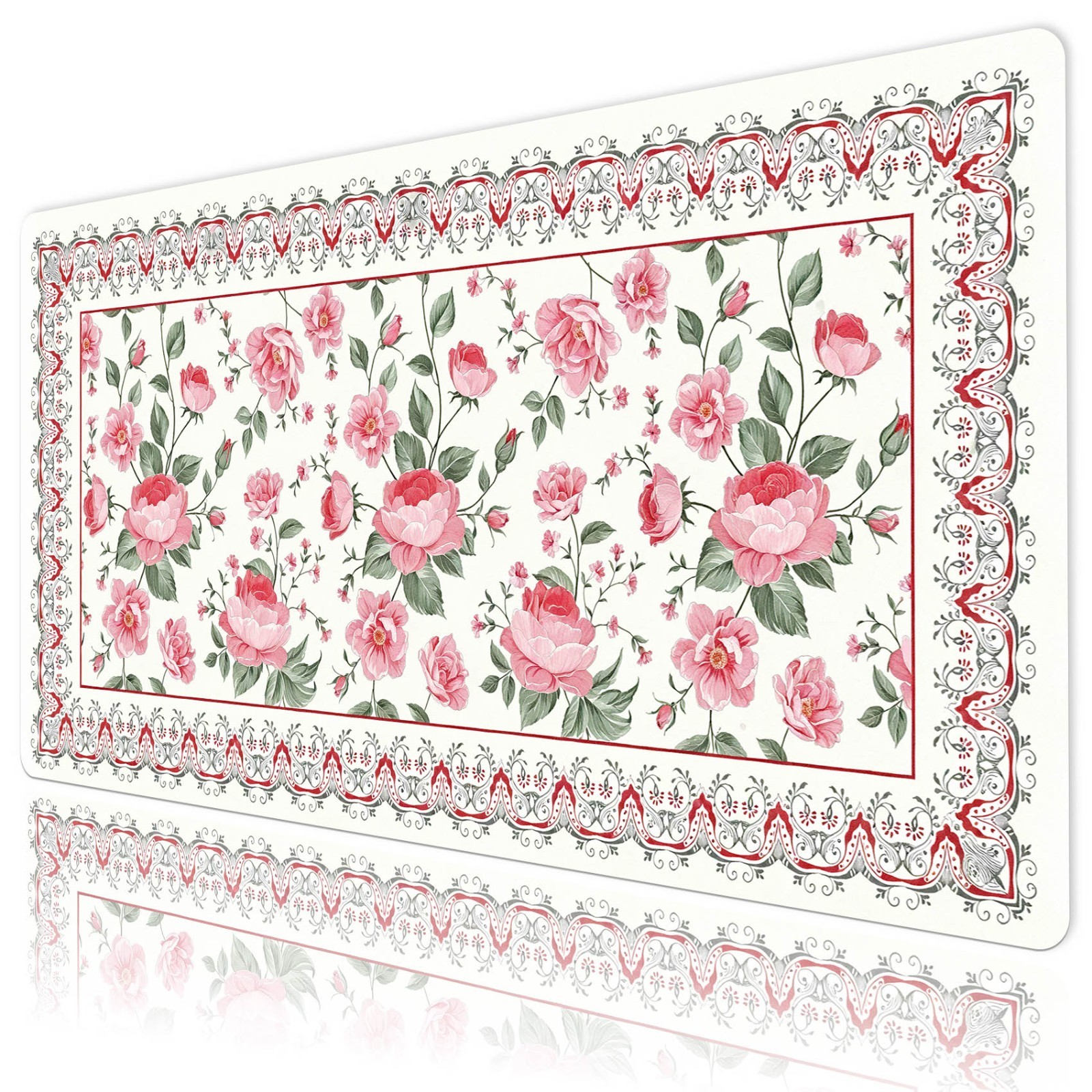Green Leaf Pink Boho Floral on Beige Desk Mat for Keyboard and Mouse Desk Pad