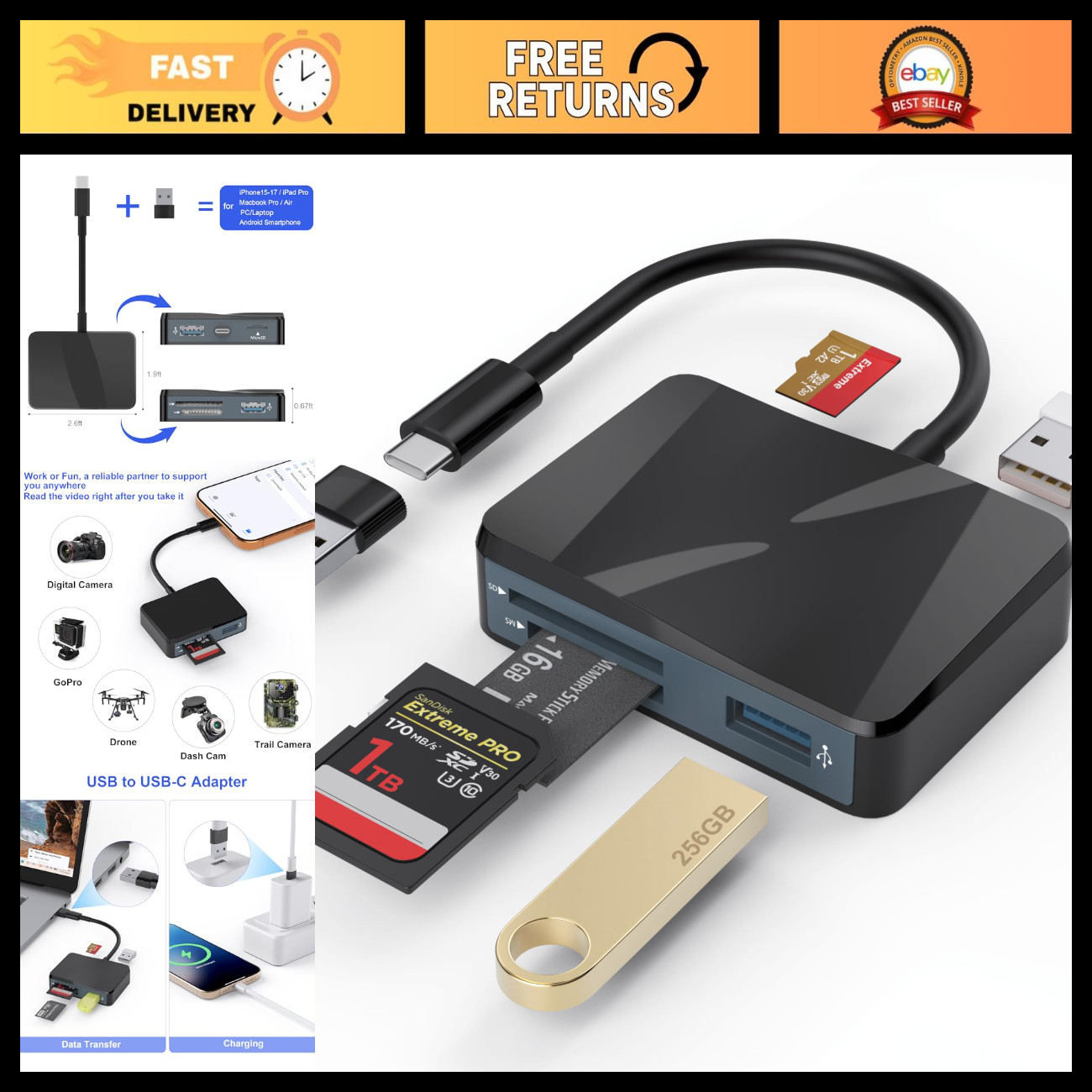 5 in 1 USB-C SD Card Reader Adapter, Dual USB-A, for iPhone, iPad, MacBook, Andr