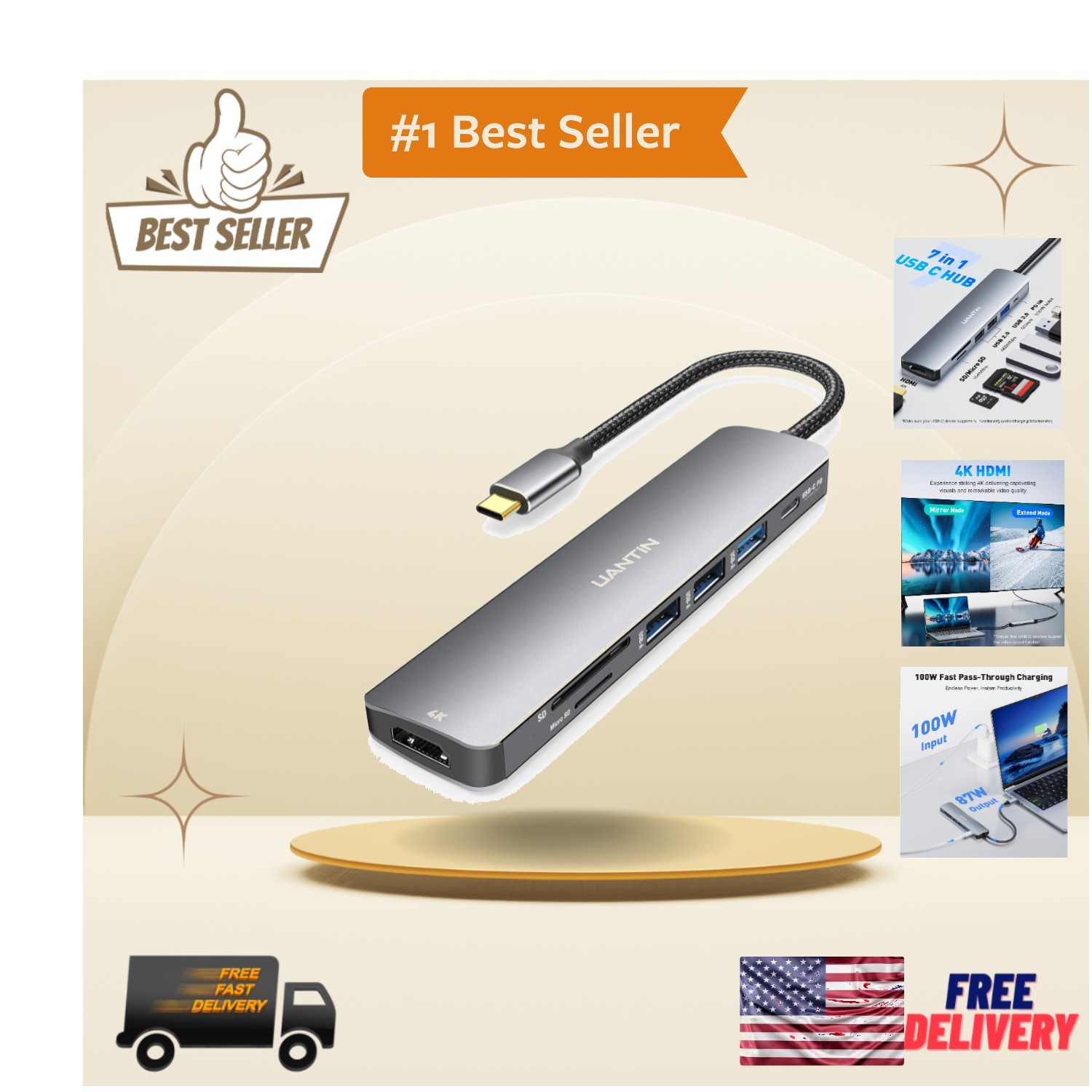Elegant 7-in-1 USB C Hub - Lightweight, Aluminum Adapter with 100W Fast Charging