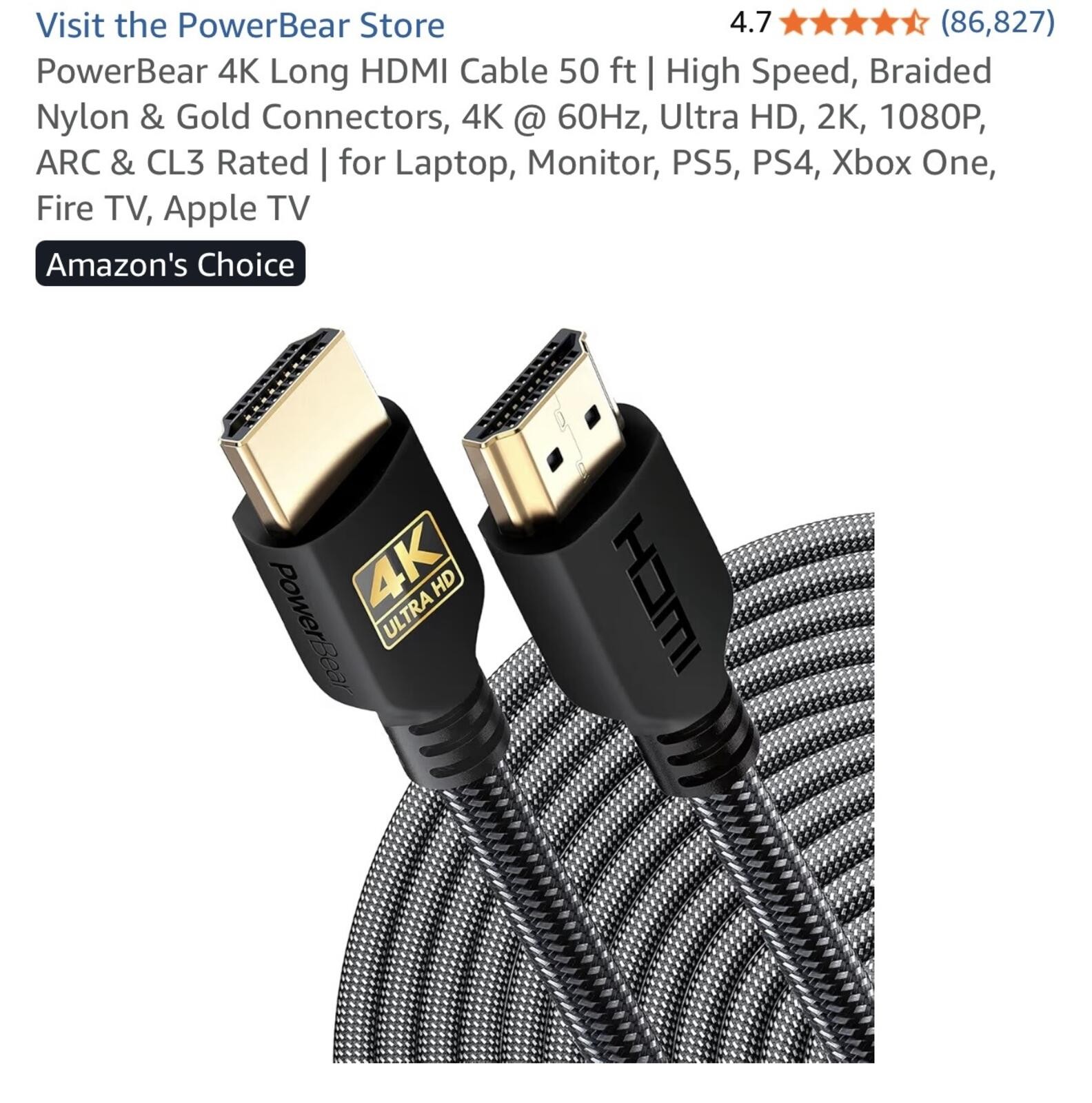 PowerBear 4K Long HDMI Cable 50 ft | High Speed, Braided Nylon & Gold Connectors