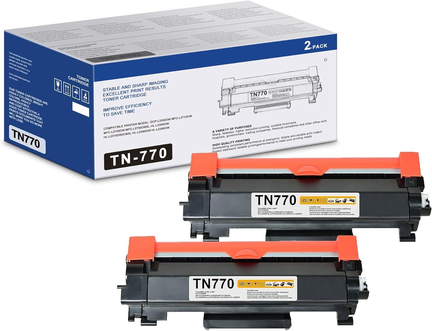 2-Pack TN770 Black Toner for Brother TN-770 MFC-L2750DW HL-L2370DWXL HL-L2350DW
