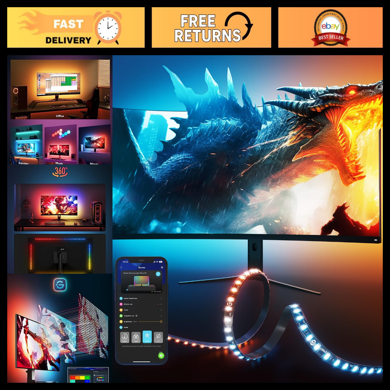 RGBIC LED Monitor Backlight for 27-34 Inch PC, Gaming Light Strip, Color-Changin