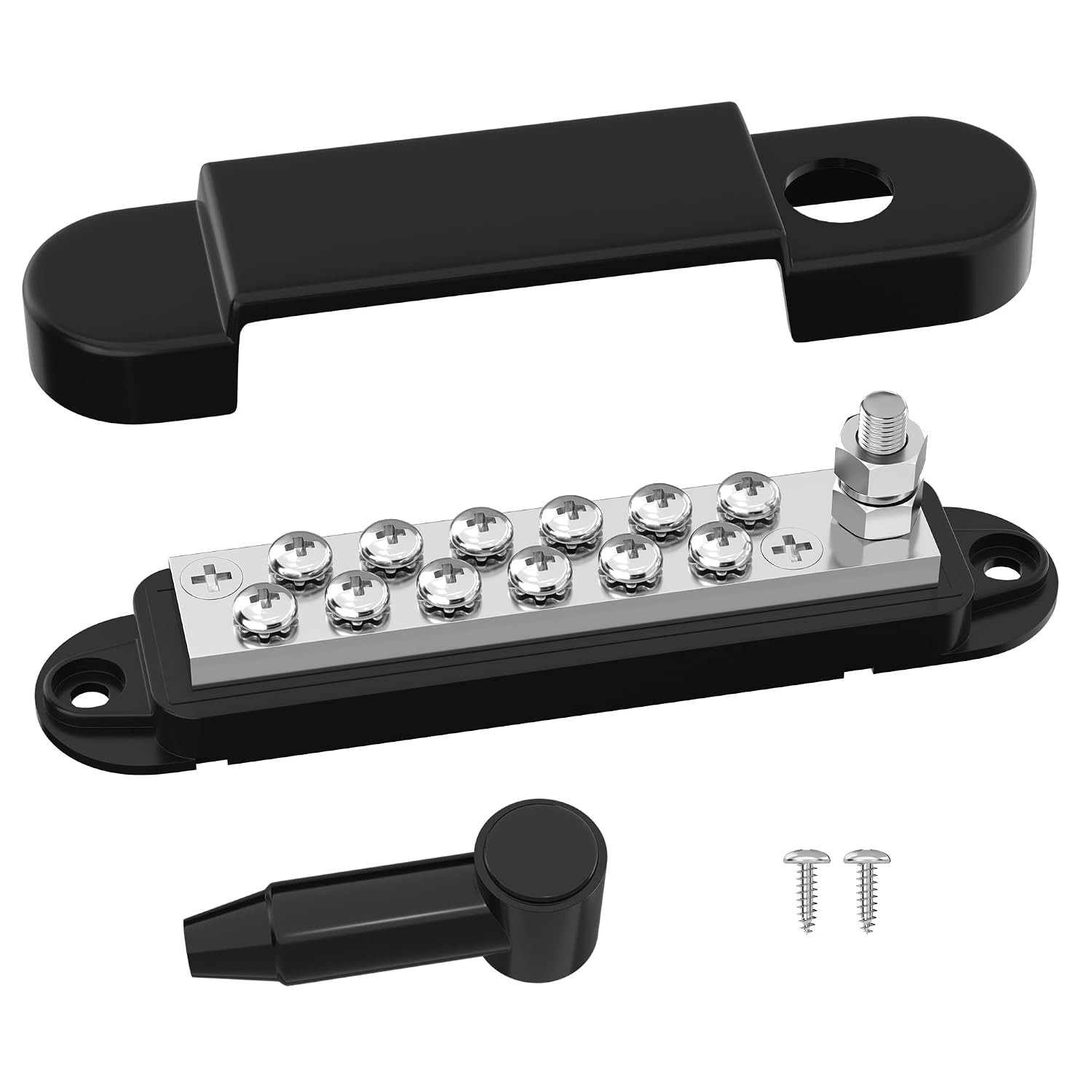 12V Marine Black Bus Bar 150A Power Distribution Block 1/4" Stud & 12 #8