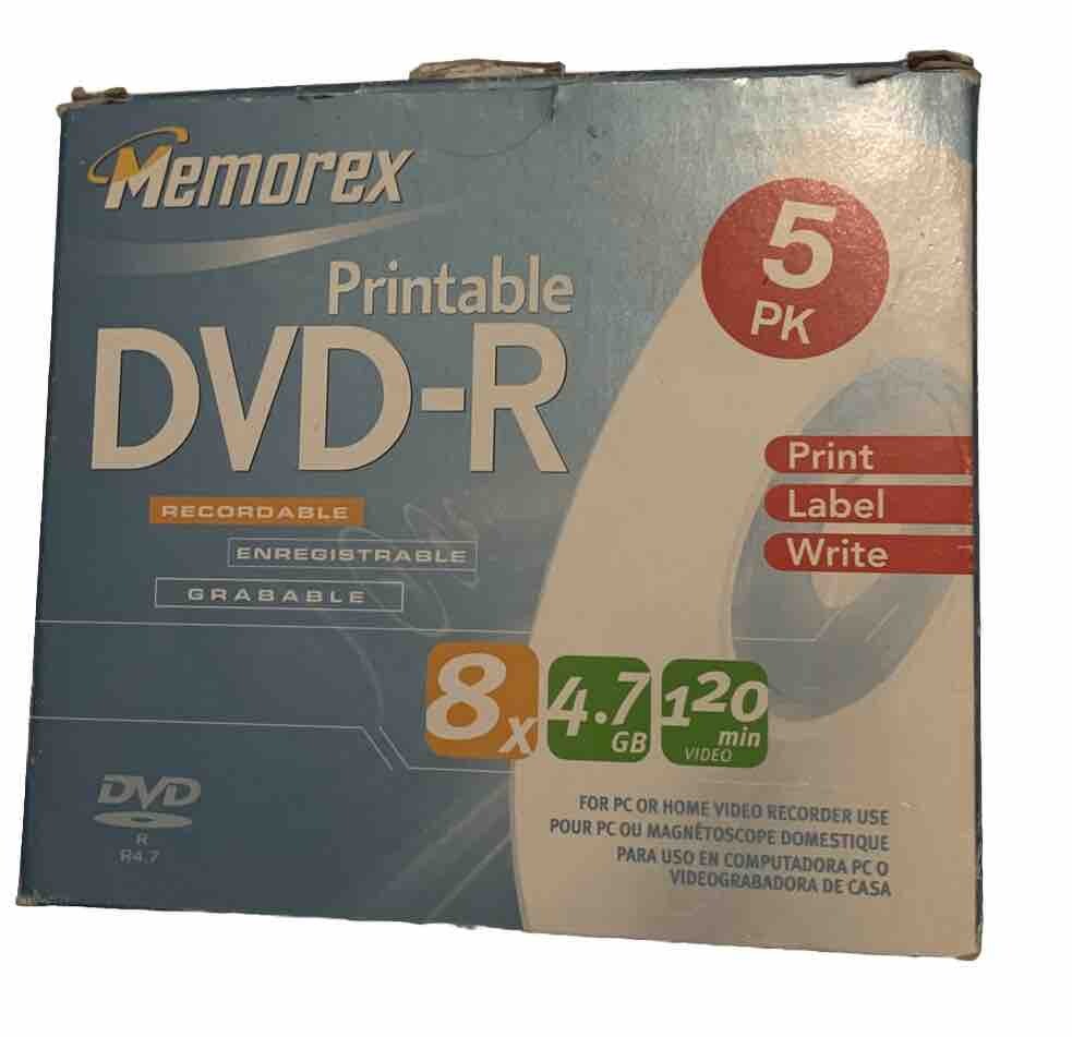 MEMOREX Printable DVD-R 8 X 4.7 GB 120 Min 5 Pack New in box Sealed