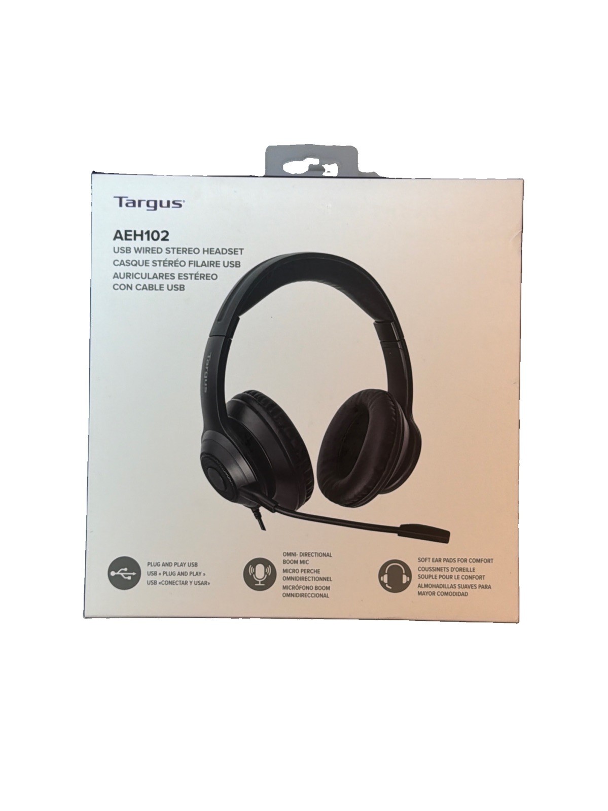 Targus AEH102 USB Wired Stereo Headset Plug & Play, Soft Ear Cups, Boom Mic NEW
