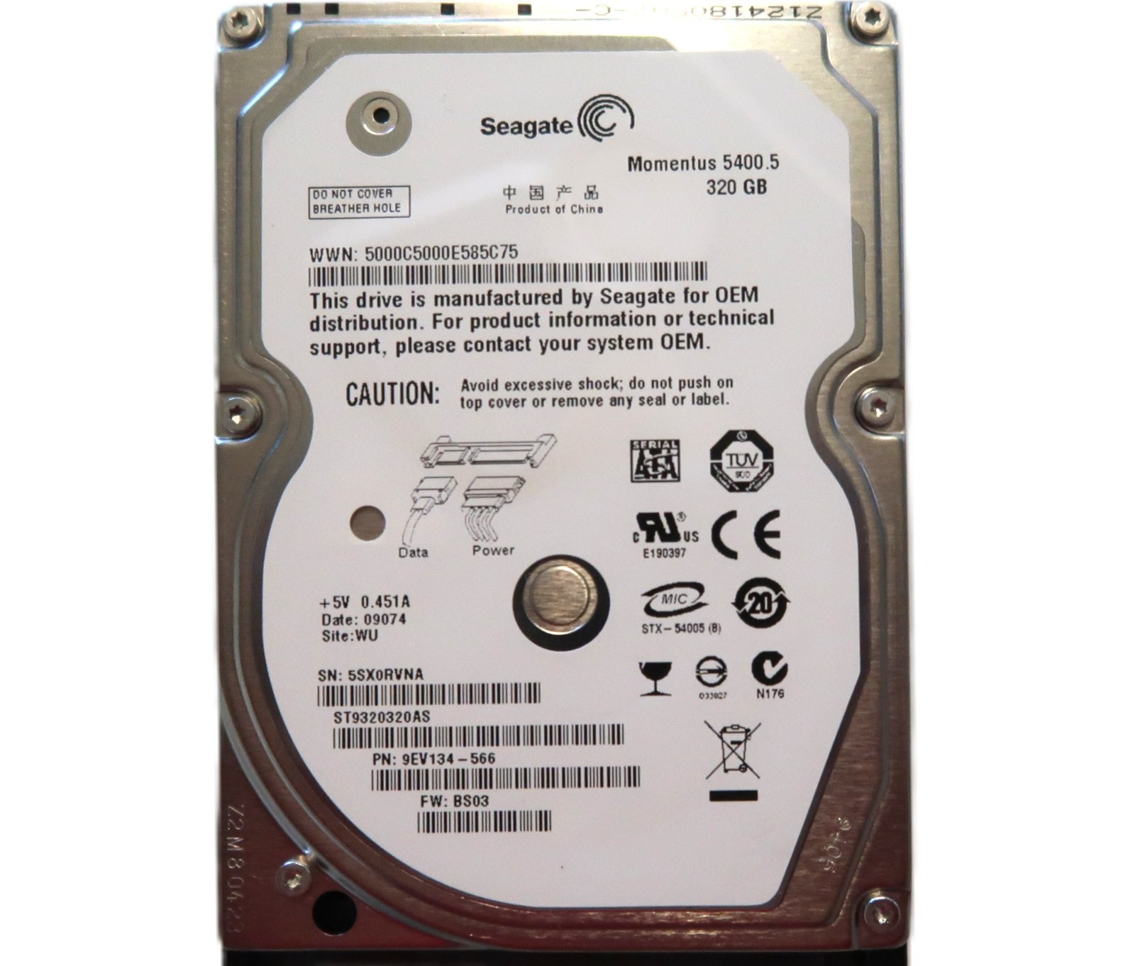 Seagate ST9320320AS 9EV134-566 BS03 (5SX0) WU China 2.5" 320gb Sata HDD 08/2008