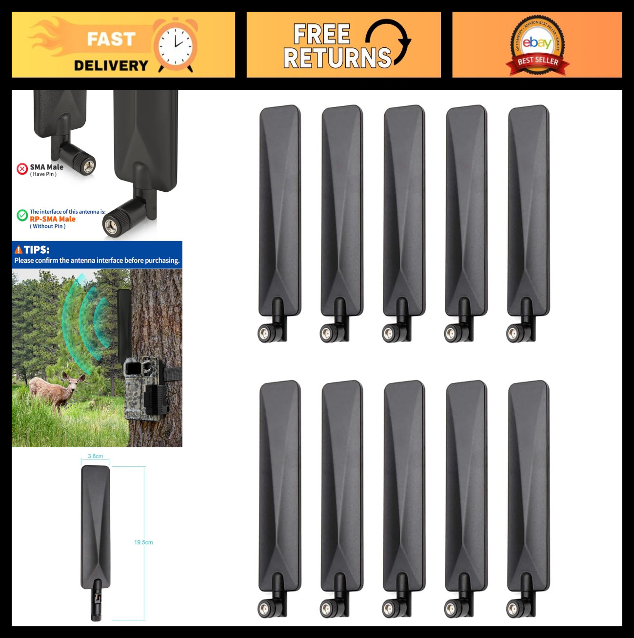 4G LTE Cellular Antenna RP-SMA Male 9dBi 10-Pack for Trail Cameras & Routers