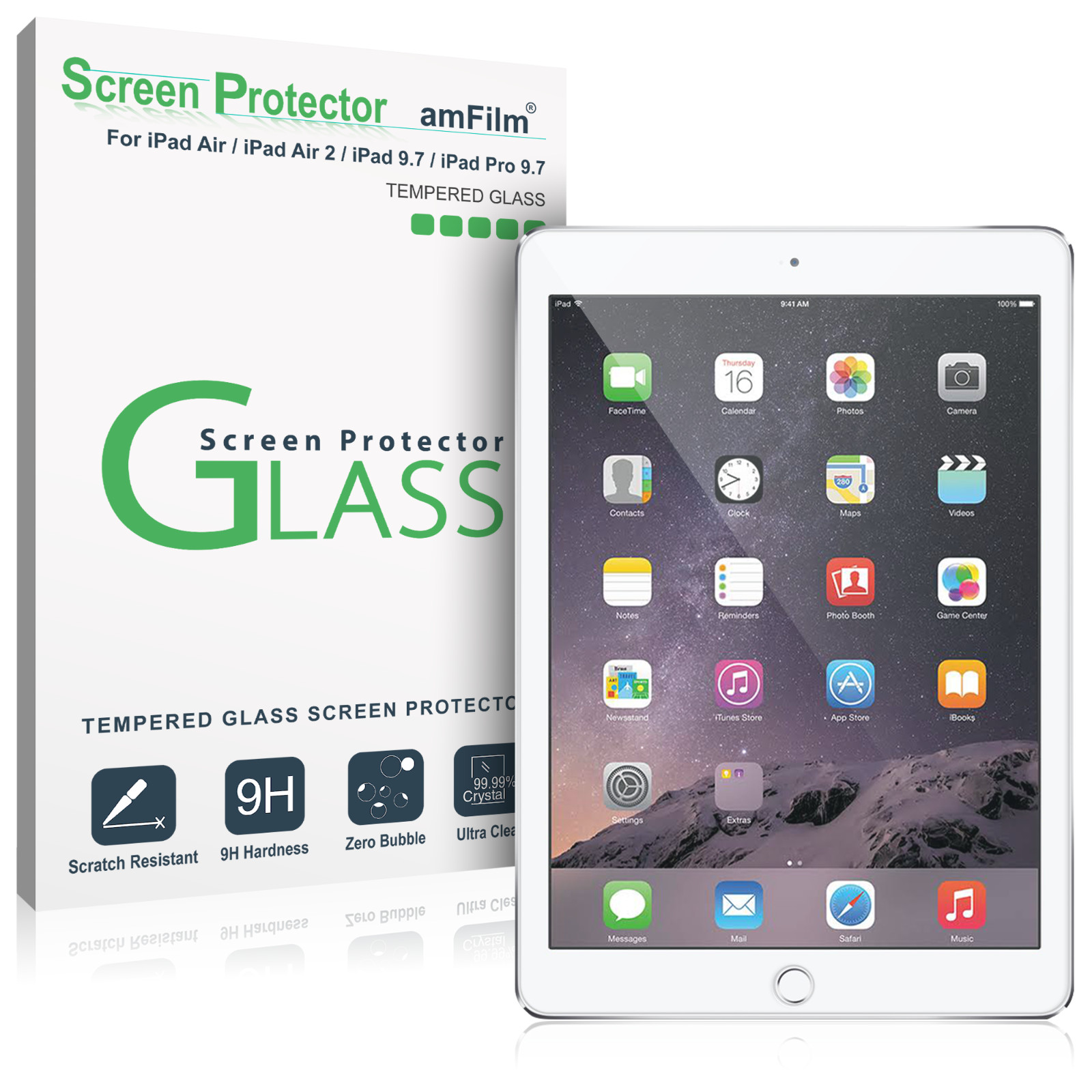 iPad 9.7, Pro 9.7, Air, Air 2 amFilm Tempered Glass Screen Protector (1 Pack)