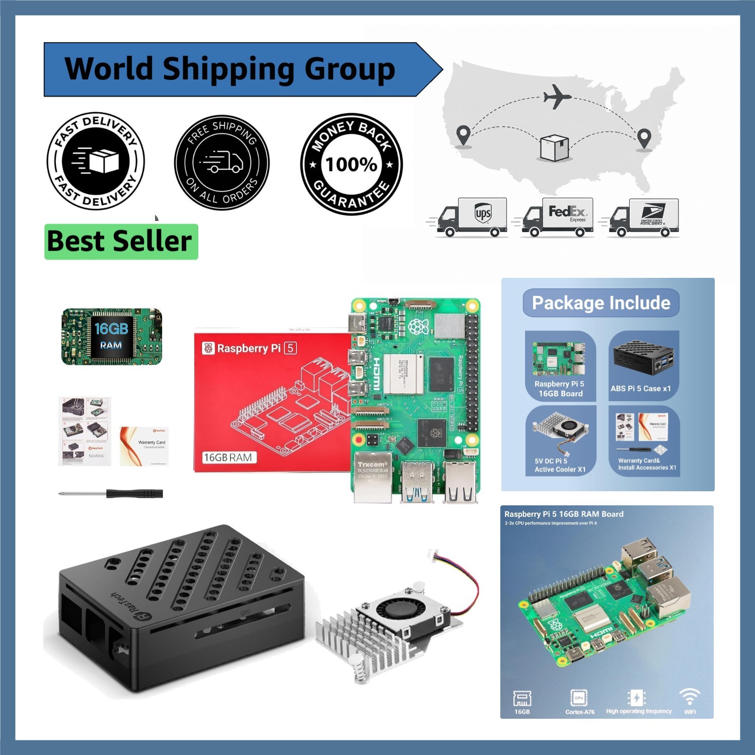 Complete Raspberry Pi 5 Set, 16GB RAM, Active Cooler, Stylish ABS Case Included