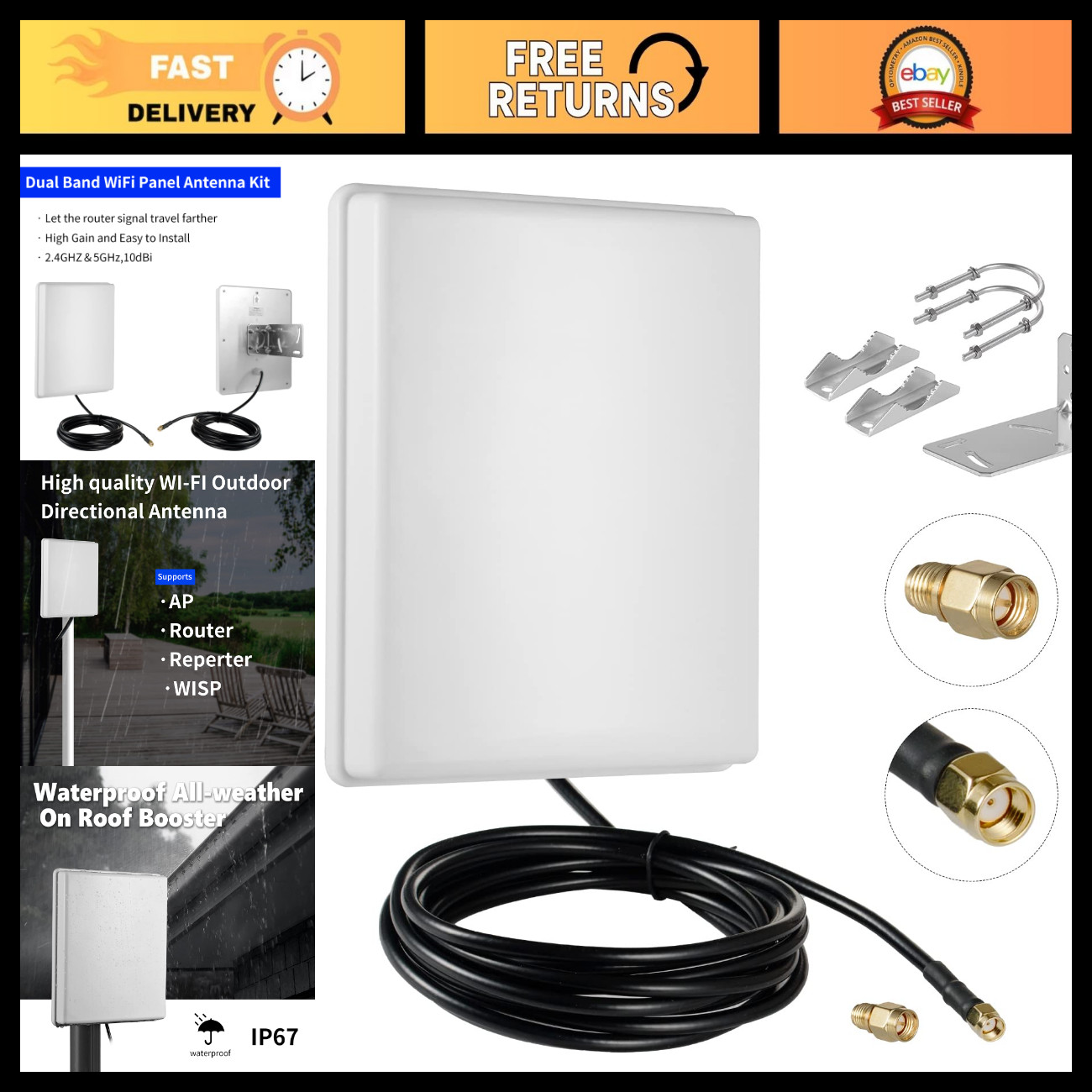 15dBi Dual Band Outdoor WiFi Antenna 2.4GHz 5GHz Long-Range with 10ft Cable for