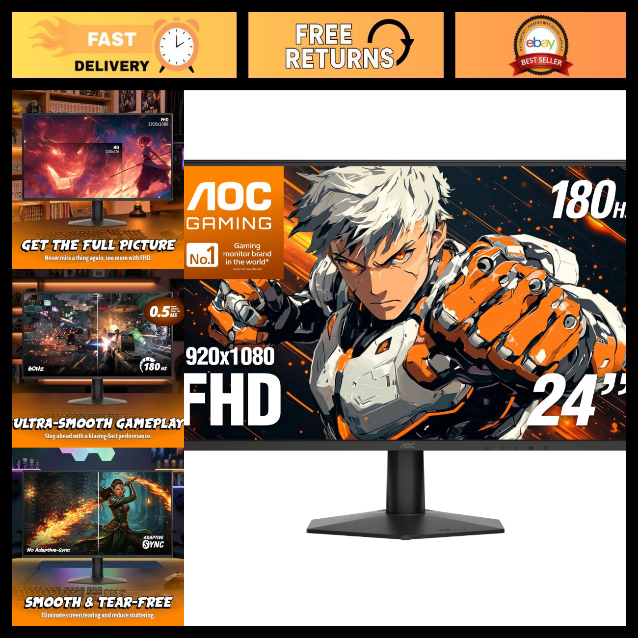 24" FHD Gaming Monitor - 180Hz Fast IPS, 0.5ms Response Time, HDR, Ultra Slim