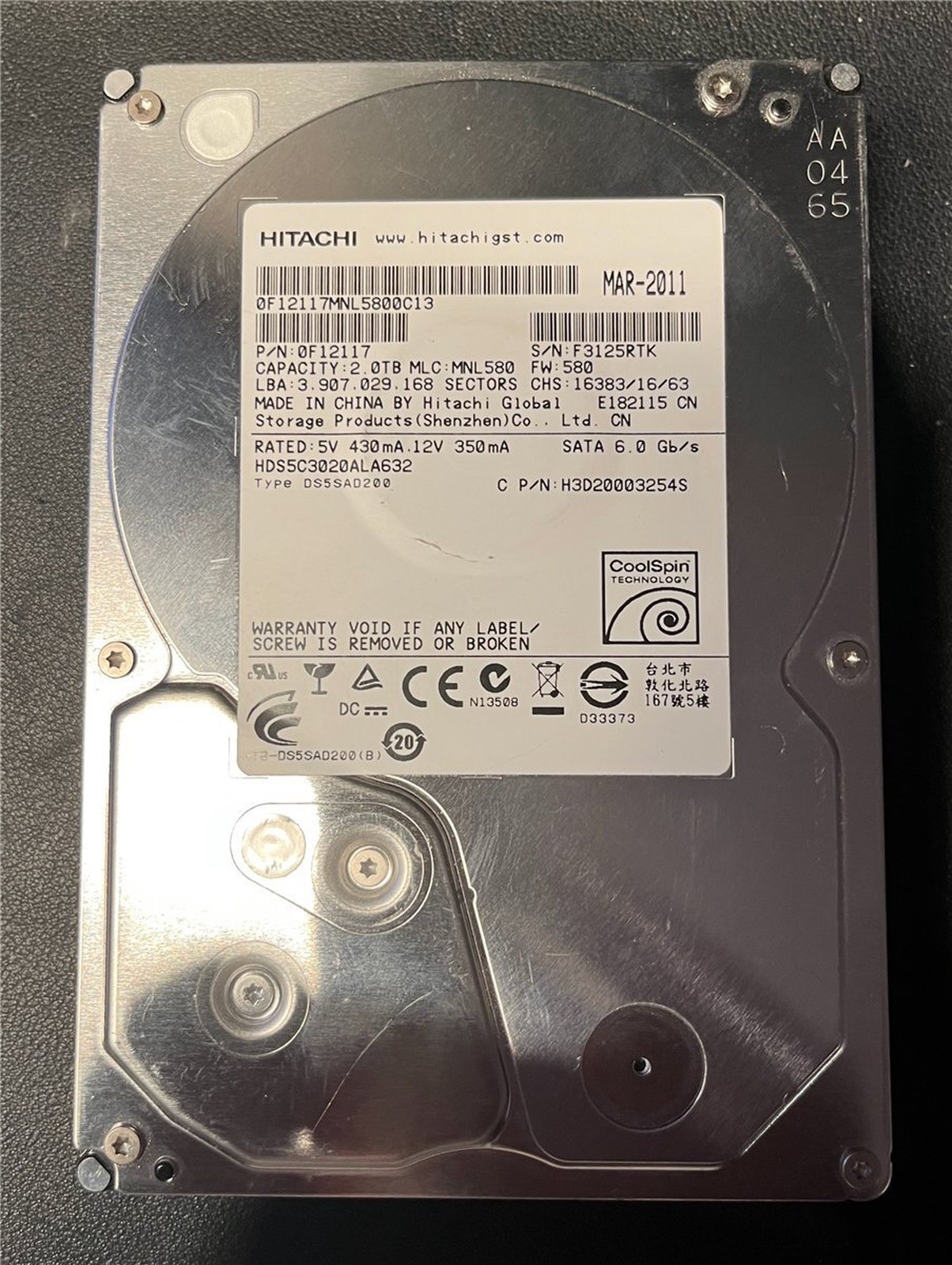 Hitachi, 2TB, HDS5C3020ALA632, SATA HDD Hard Drive