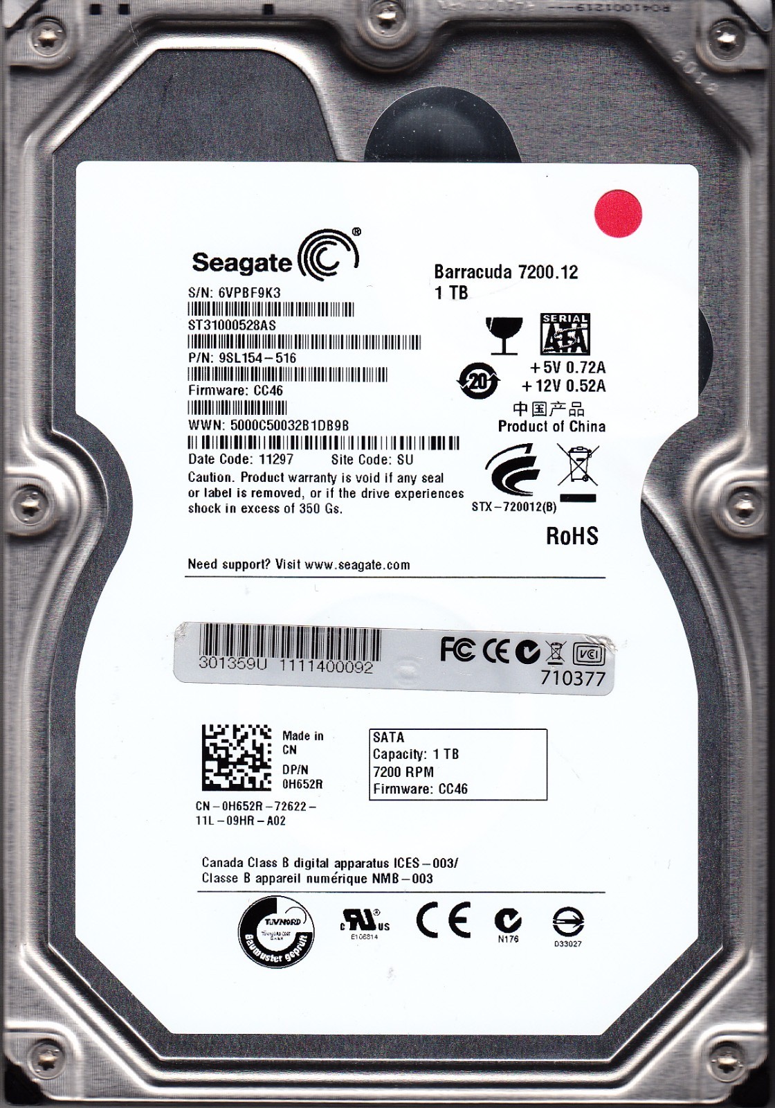 FOR DATA RECOVERY Seagate ST31000528AS pn: 9SL154-516 s/n: 6VP.. SU BAD SEC 2910