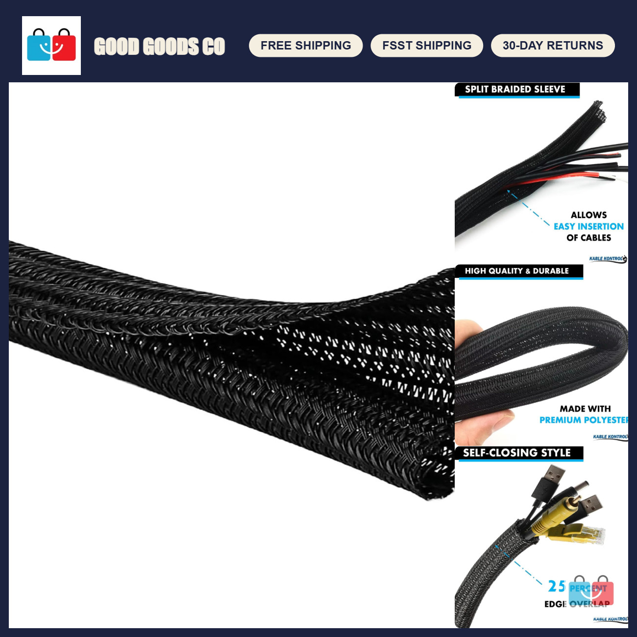 100ft Braided Cable Sleeve - 0.38" Self-Closing Split Wire Wrap Organizer Cover
