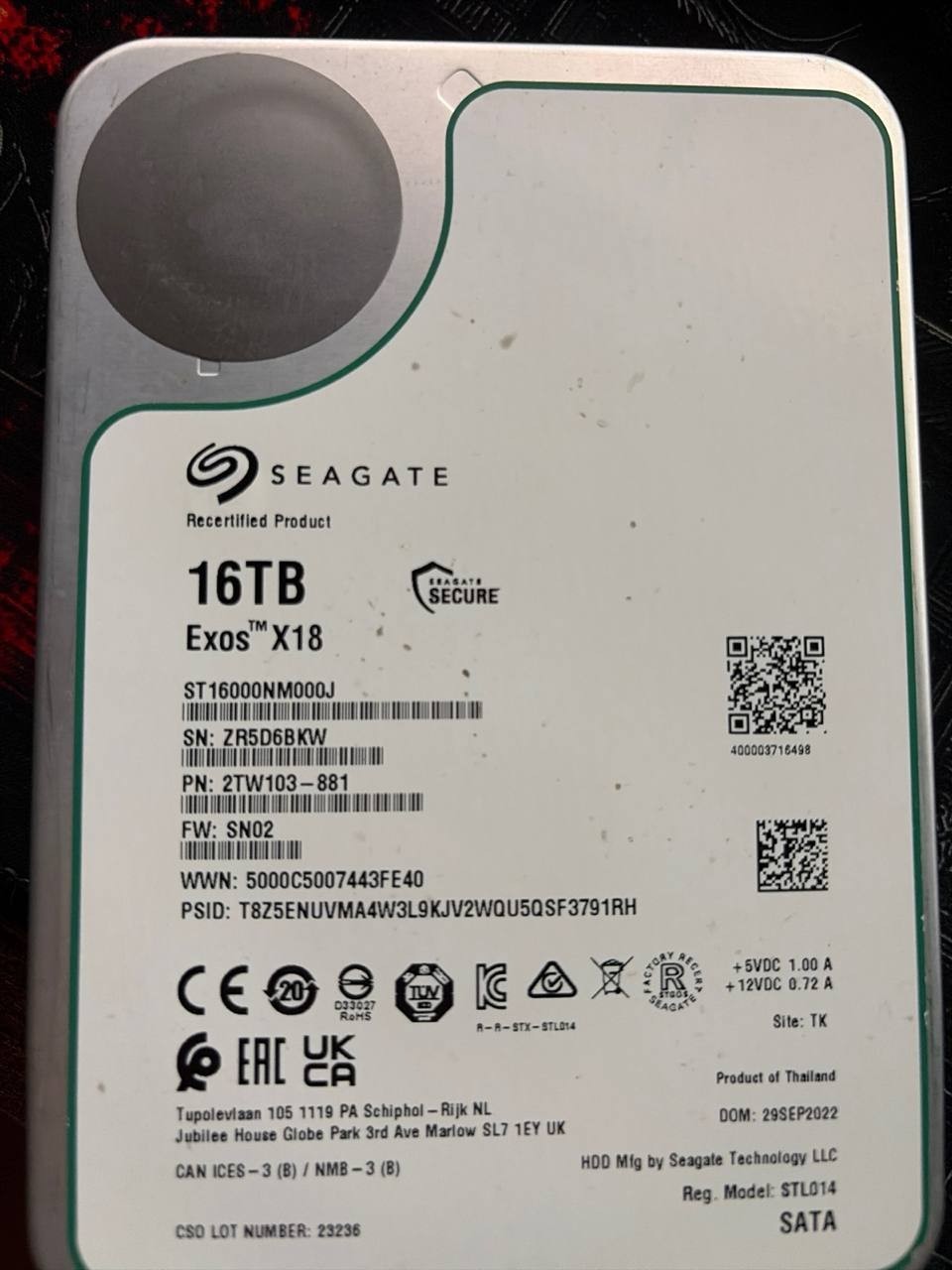 SEAGATE EXOS X18 16TB 7200 RPM SATA 6Gb/s 256MB 3.5'' (ST16000NM000J)