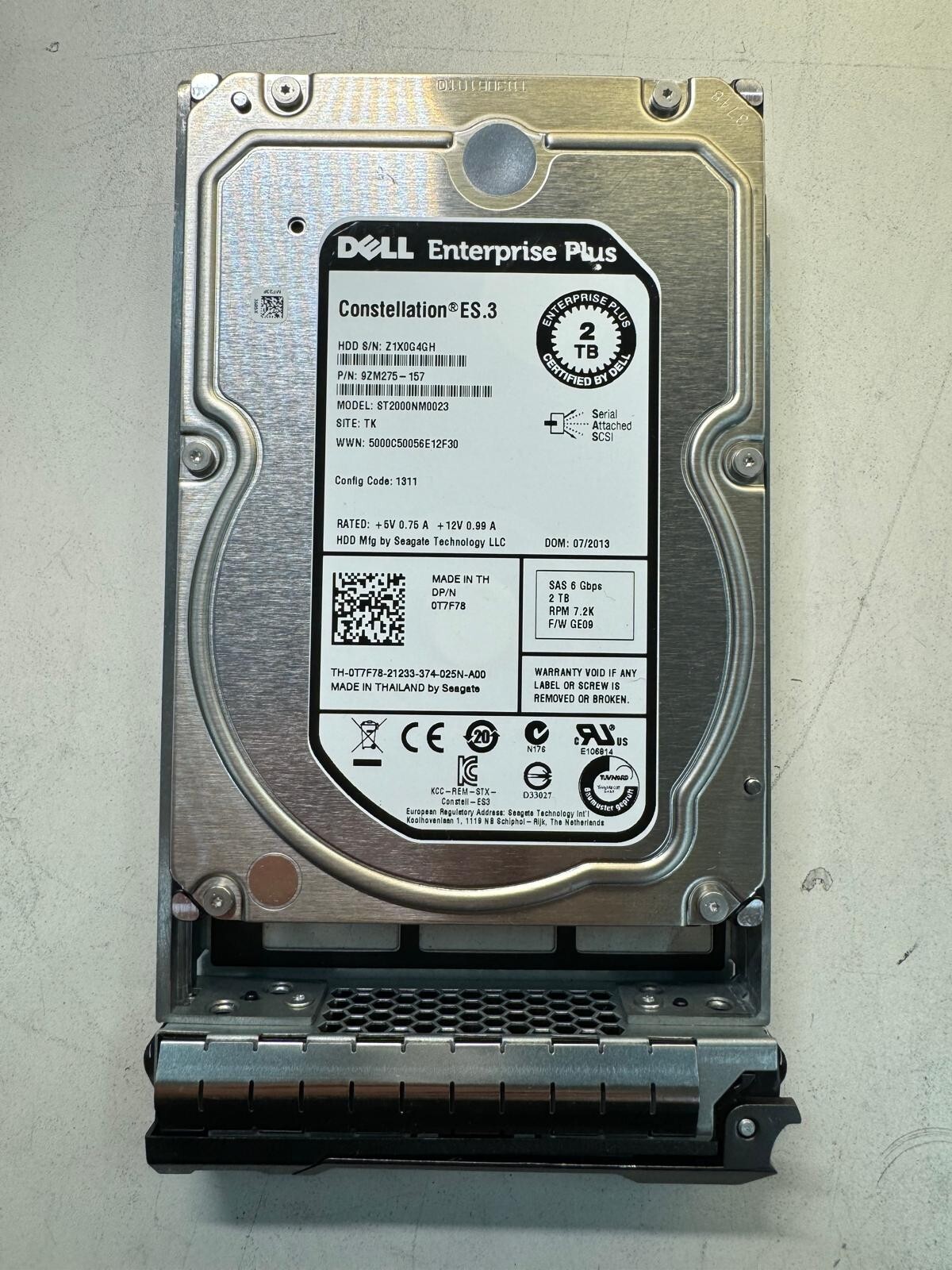 DELL ST2000NM0023 9ZM275-157 0T7F78 2TB 7.2K RPM 128MB CACHE 6Gb/s SAS 3.5" HDD