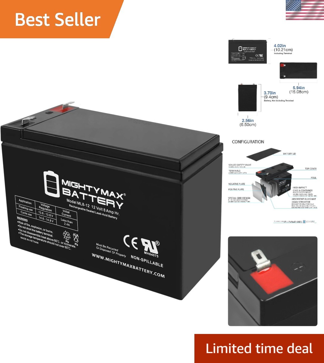 Exceptional 12V 8AH Rechargeable Battery - Mighty Max ML8-12 for UPS Systems
