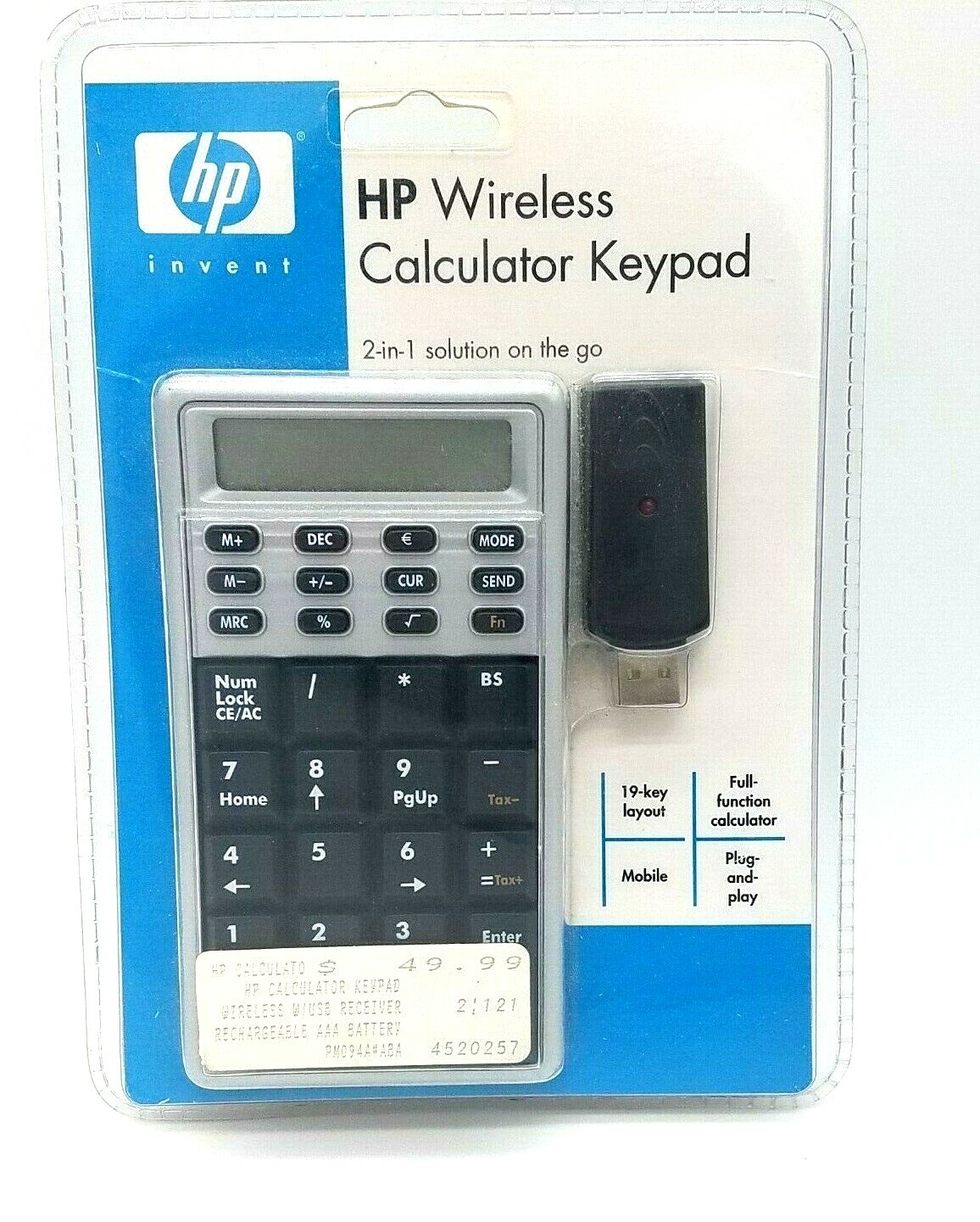 2005 HP Invent WIreless Calculator Keypad 19 USB  Receiver Rechargable Battery